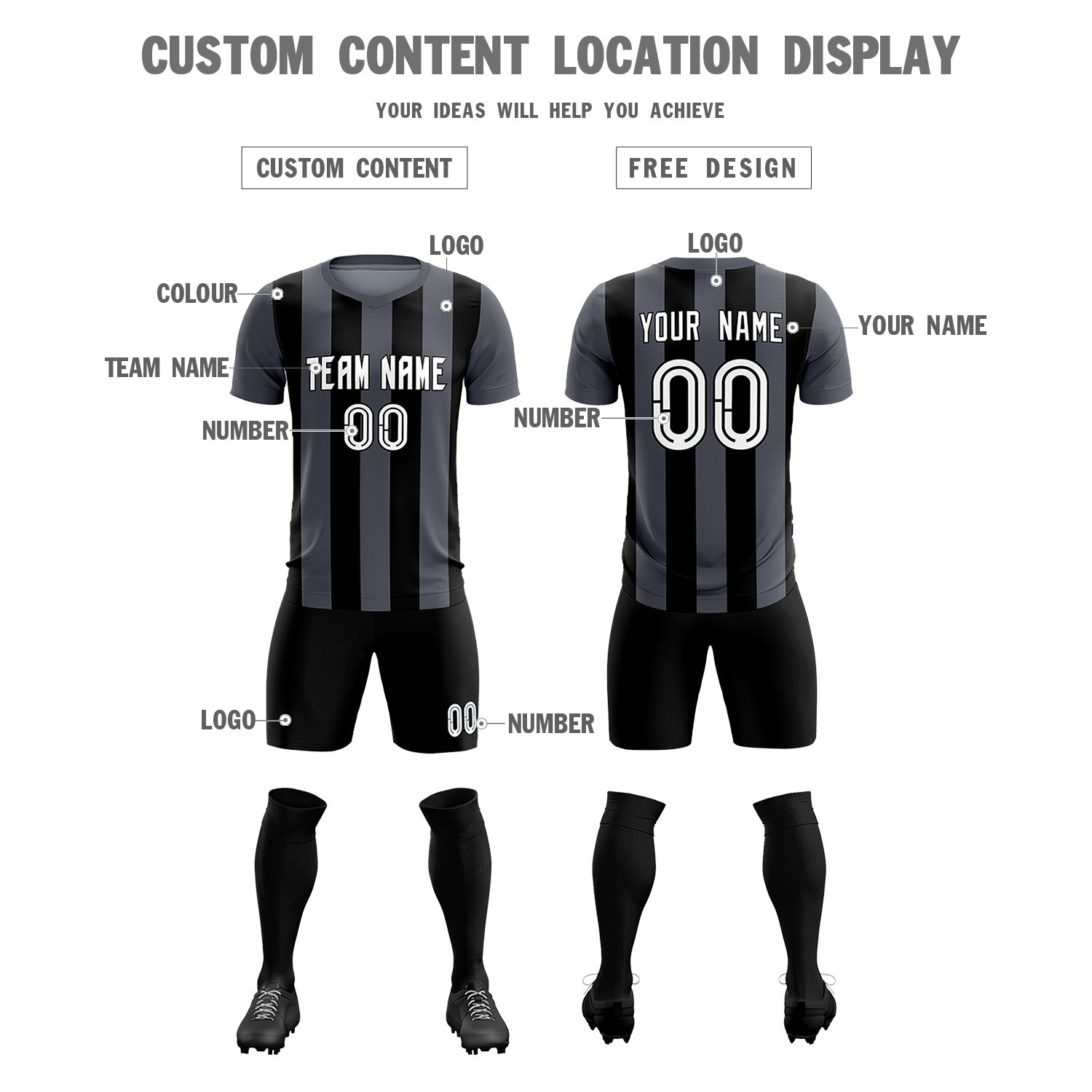 Custom Dark Gray Black Vertical Stripes Casual Outdoor Soccer Sets Jersey