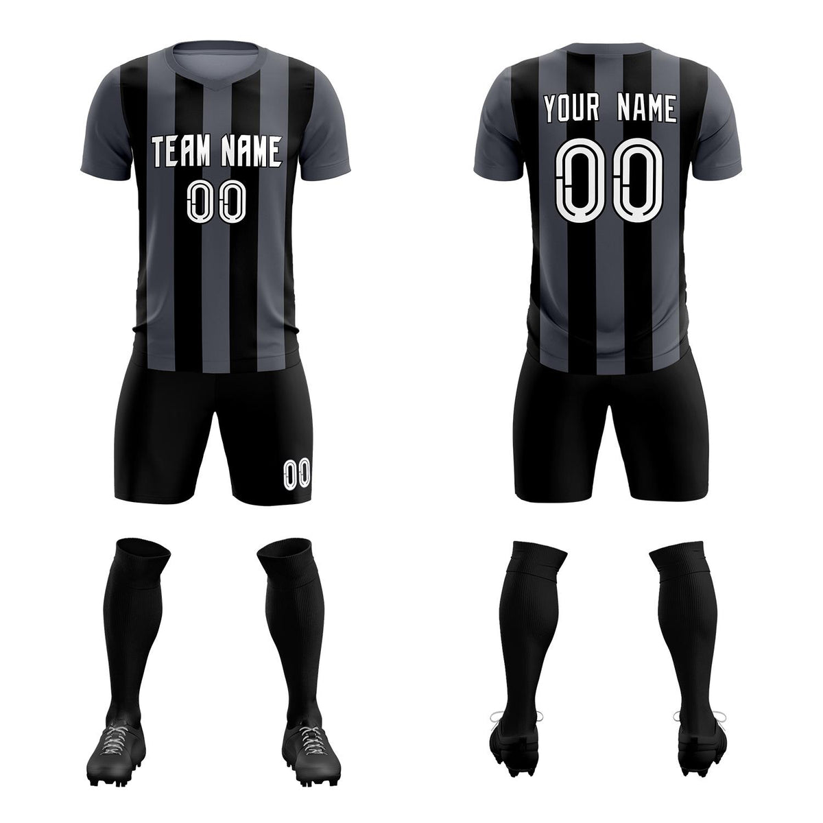 Custom Dark Gray Black Vertical Stripes Casual Outdoor Soccer Sets Jersey