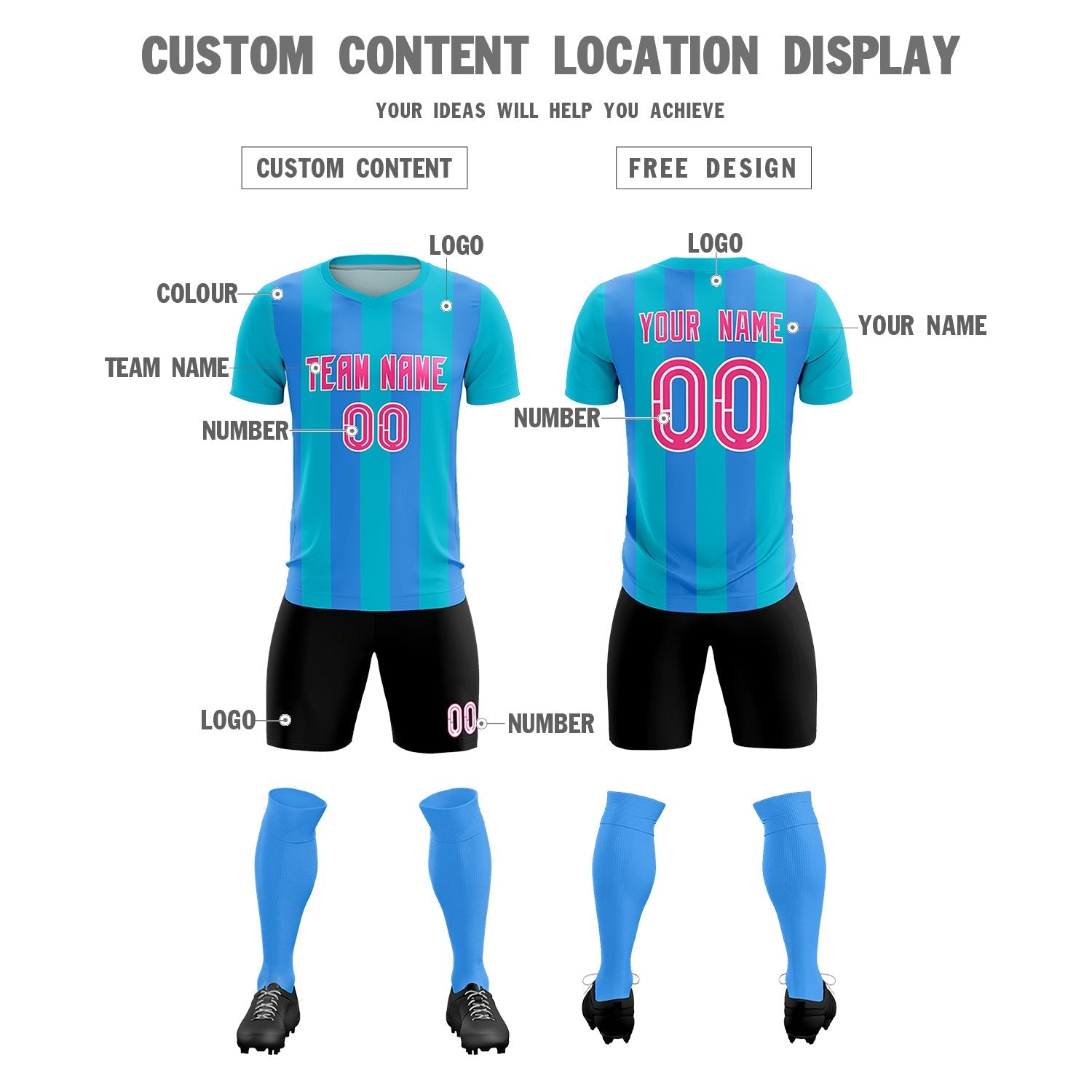 Custom Sky Blue Powder Blue Vertical Stripes Casual Outdoor Soccer Sets Jersey