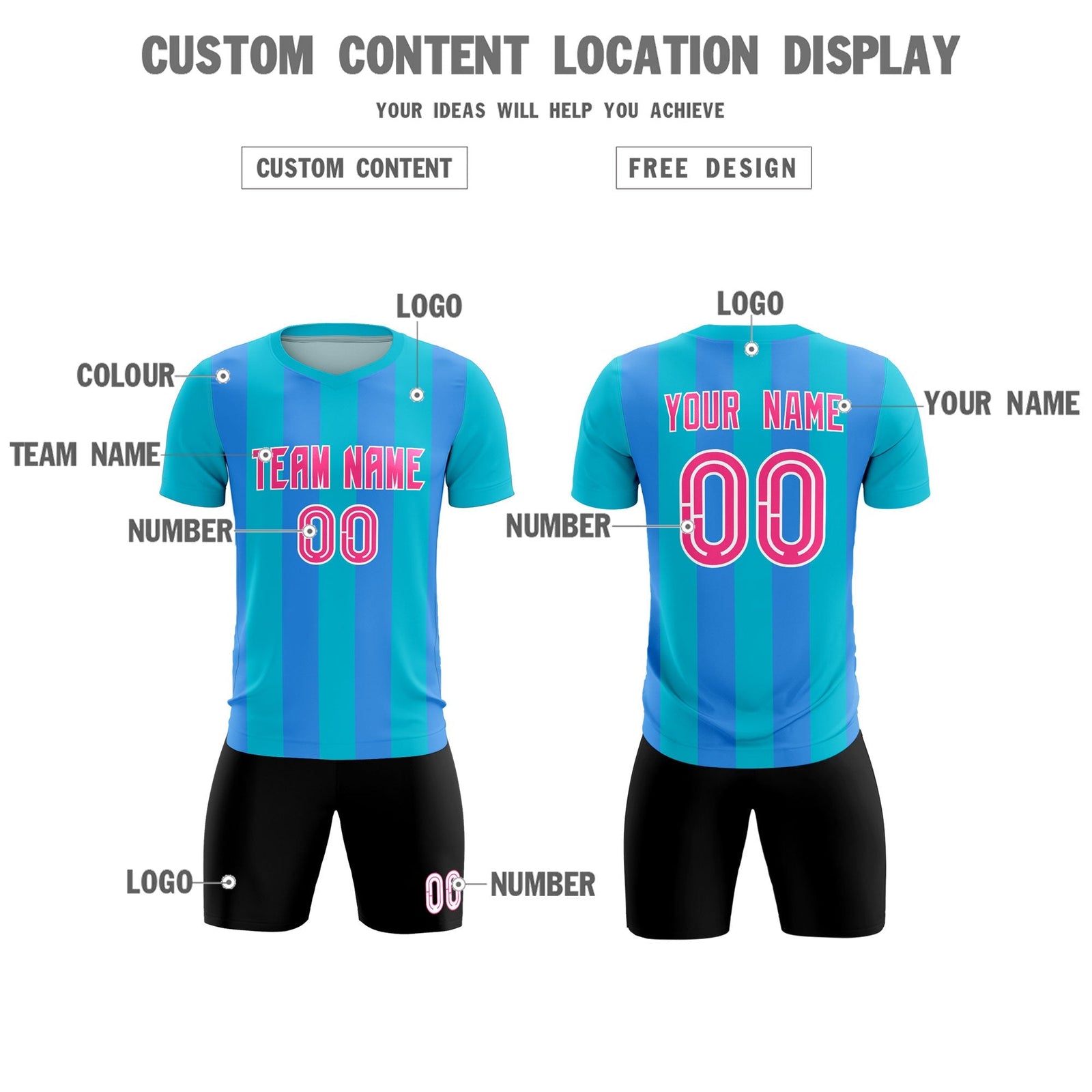 Custom Sky Blue Powder Blue Vertical Stripes Casual Outdoor Soccer Sets Jersey