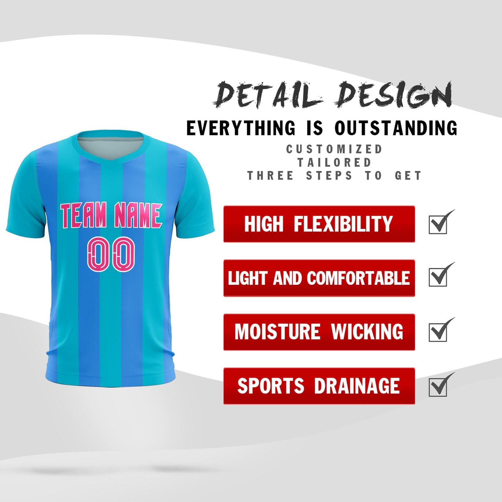 Custom Sky Blue Powder Blue Vertical Stripes Casual Outdoor Soccer Sets Jersey