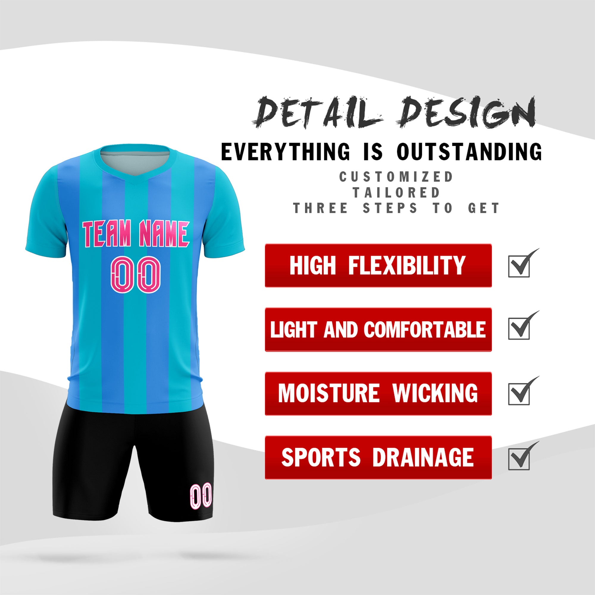 Custom Sky Blue Powder Blue Vertical Stripes Casual Outdoor Soccer Sets Jersey