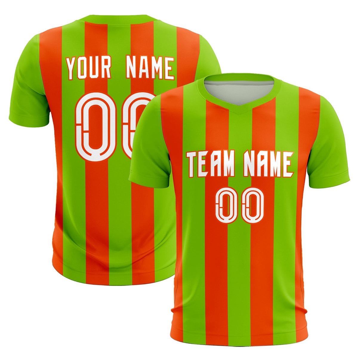 Custom Neon Green Orange Vertical Stripes Casual Outdoor Soccer Sets Jersey