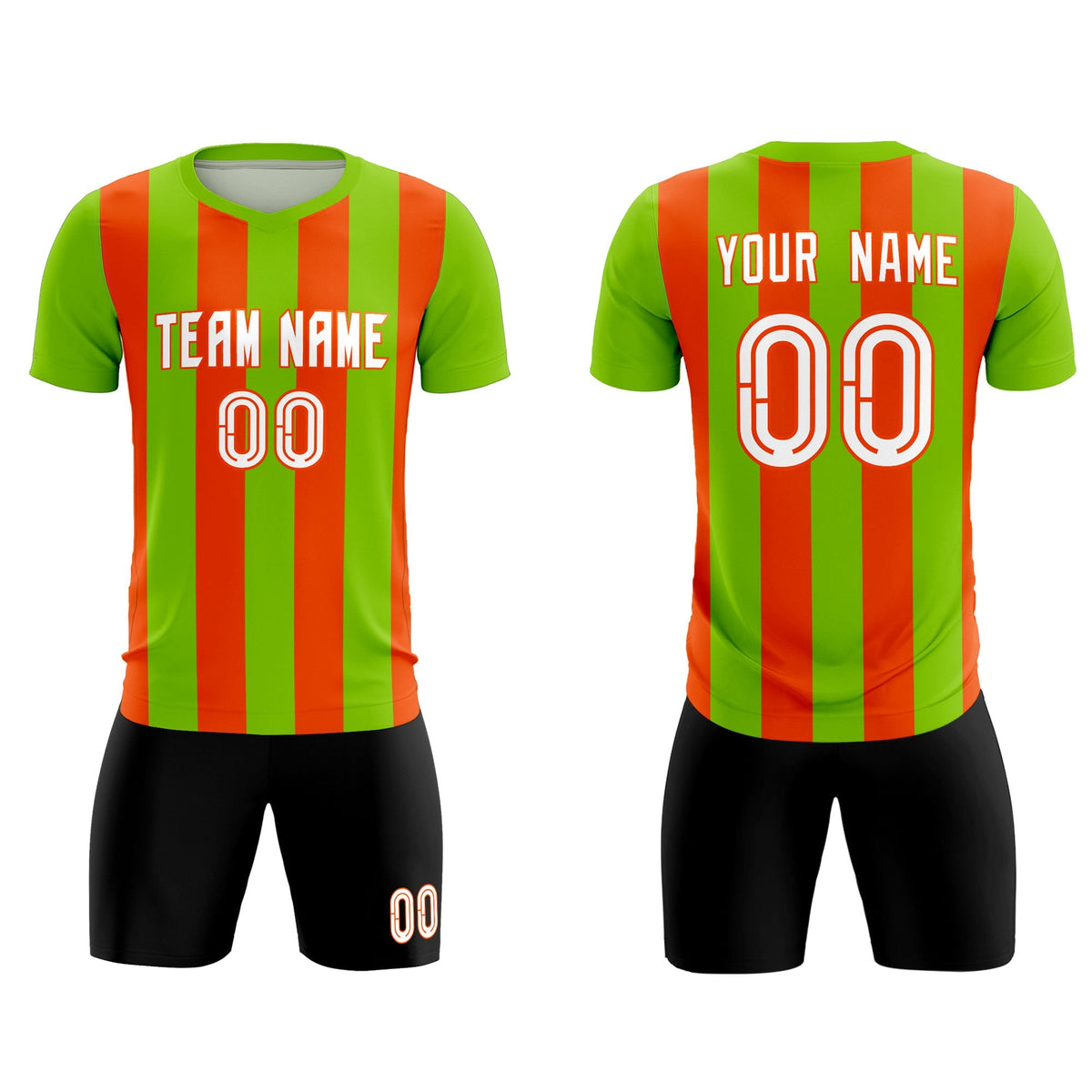 Custom Neon Green Orange Vertical Stripes Casual Outdoor Soccer Sets Jersey