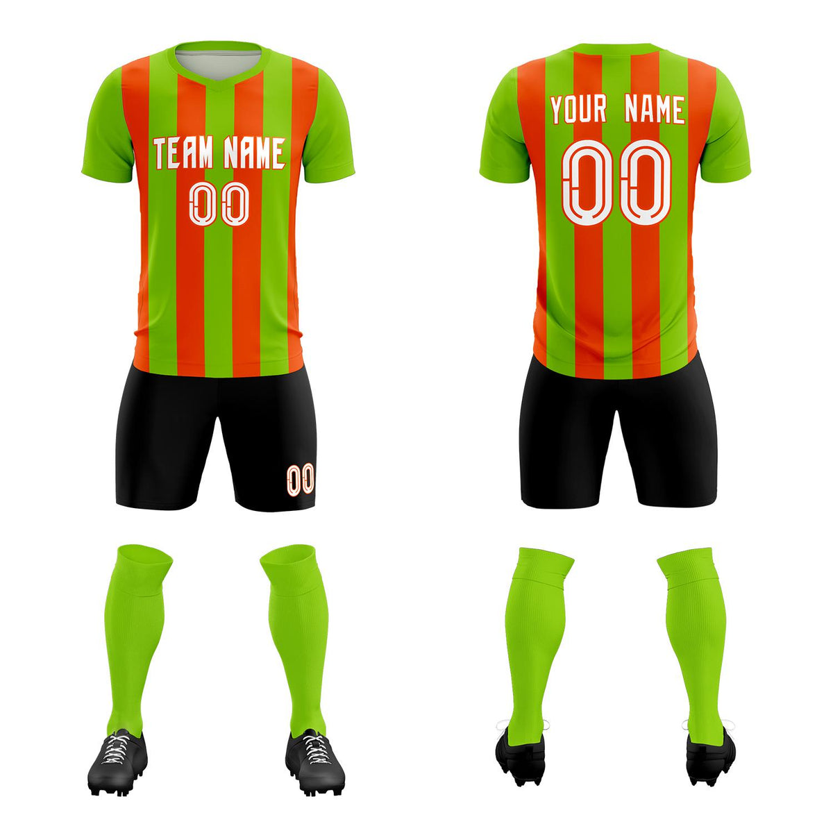 Custom Neon Green Orange Vertical Stripes Casual Outdoor Soccer Sets Jersey