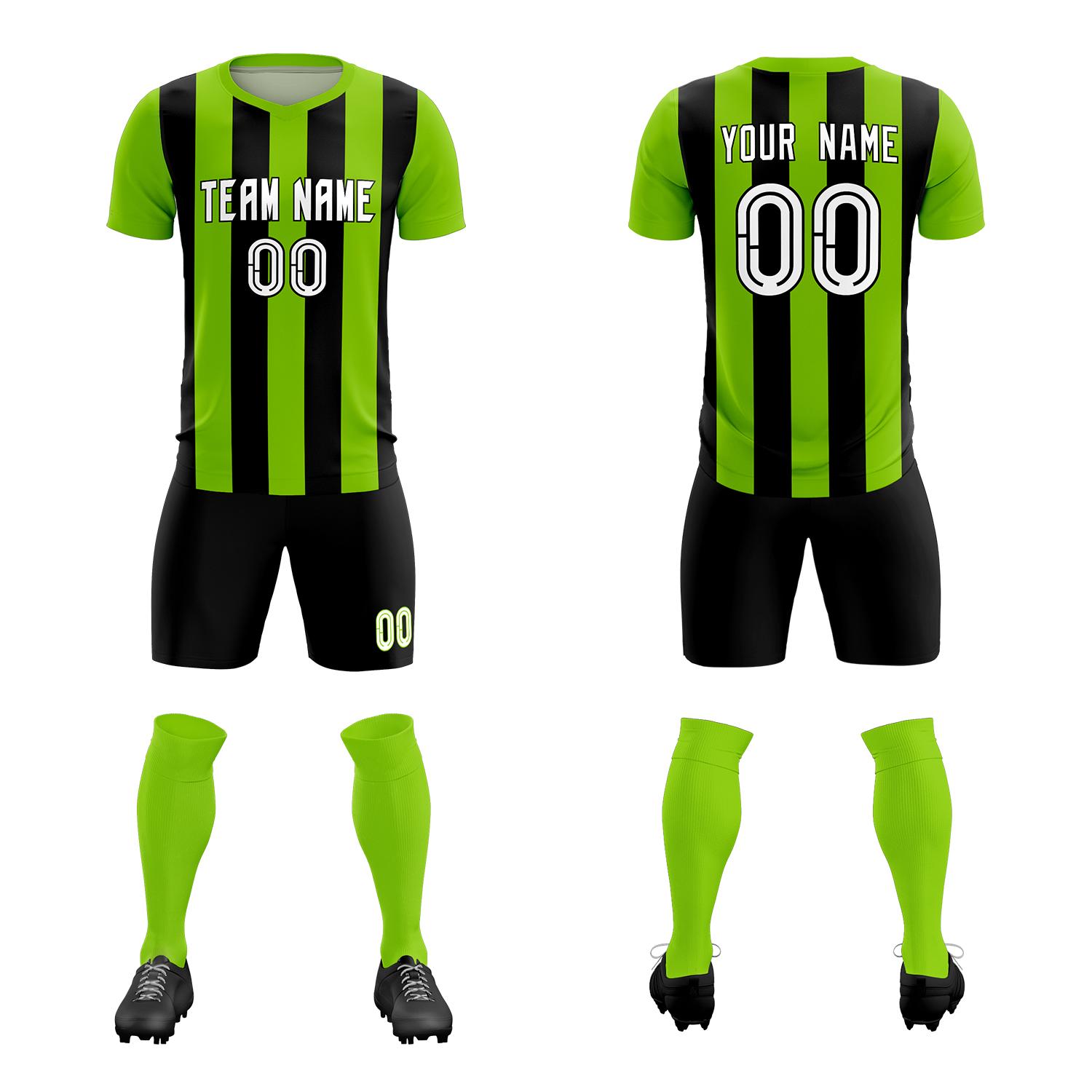 Custom Neon Green Black Vertical Stripes Casual Outdoor Soccer Sets Jersey