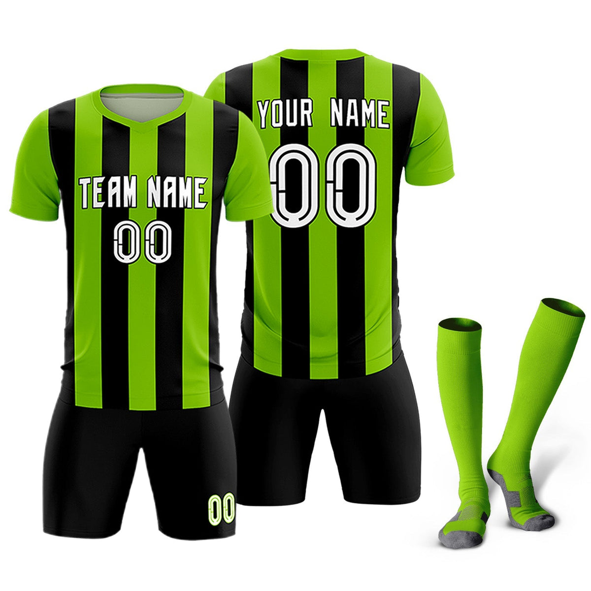Custom Neon Green Black Vertical Stripes Casual Outdoor Soccer Sets Jersey