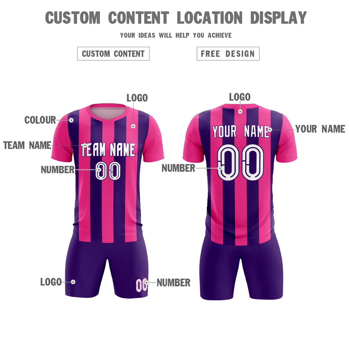 Custom Pink Purple Vertical Stripes Casual Outdoor Soccer Sets Jersey