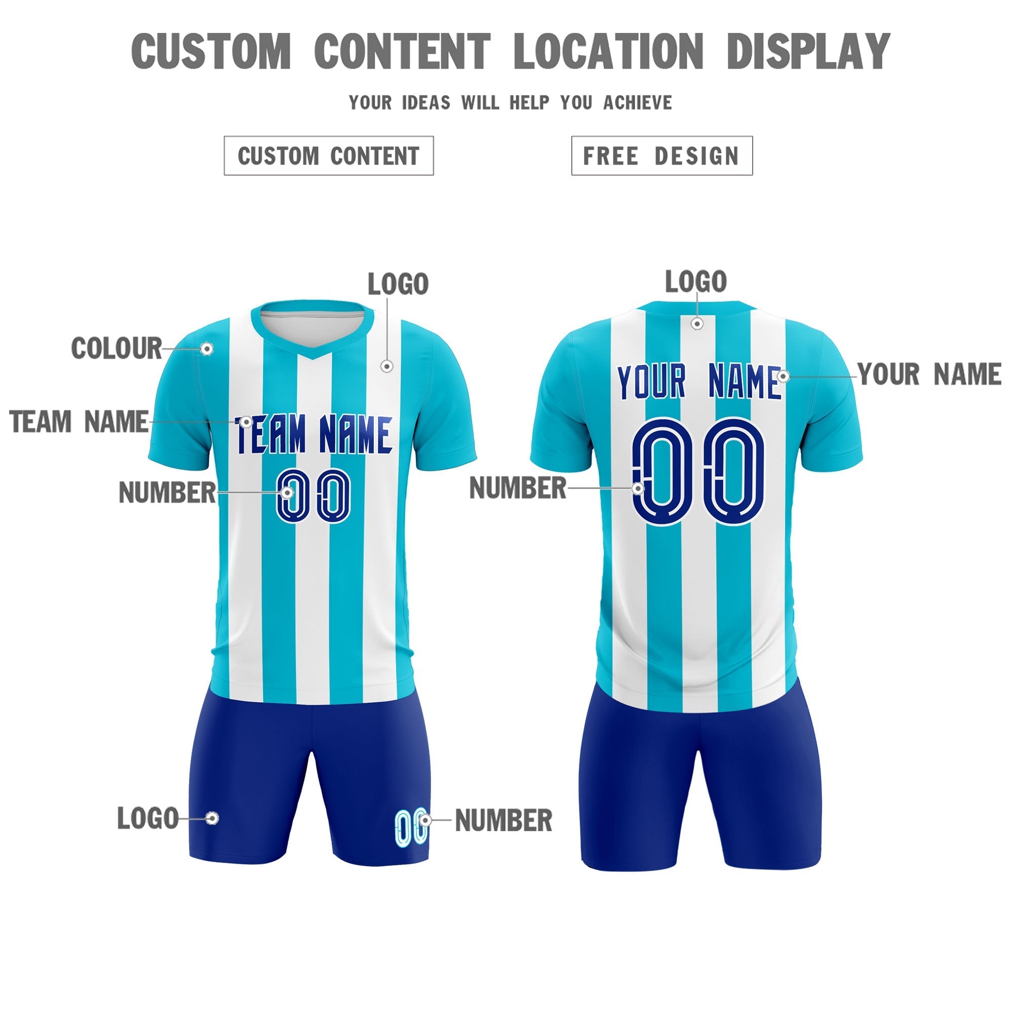 Custom White Sky Blue Vertical Stripes Casual Outdoor Soccer Sets Jersey