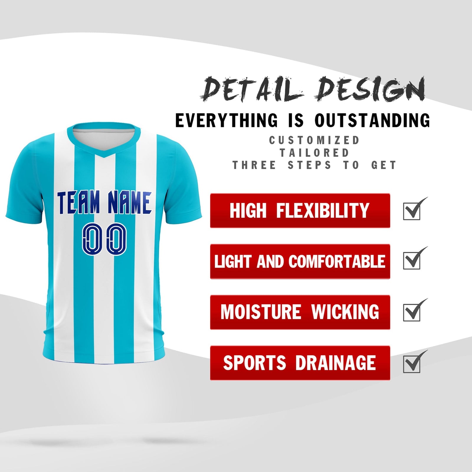 Custom White Sky Blue Vertical Stripes Casual Outdoor Soccer Sets Jersey