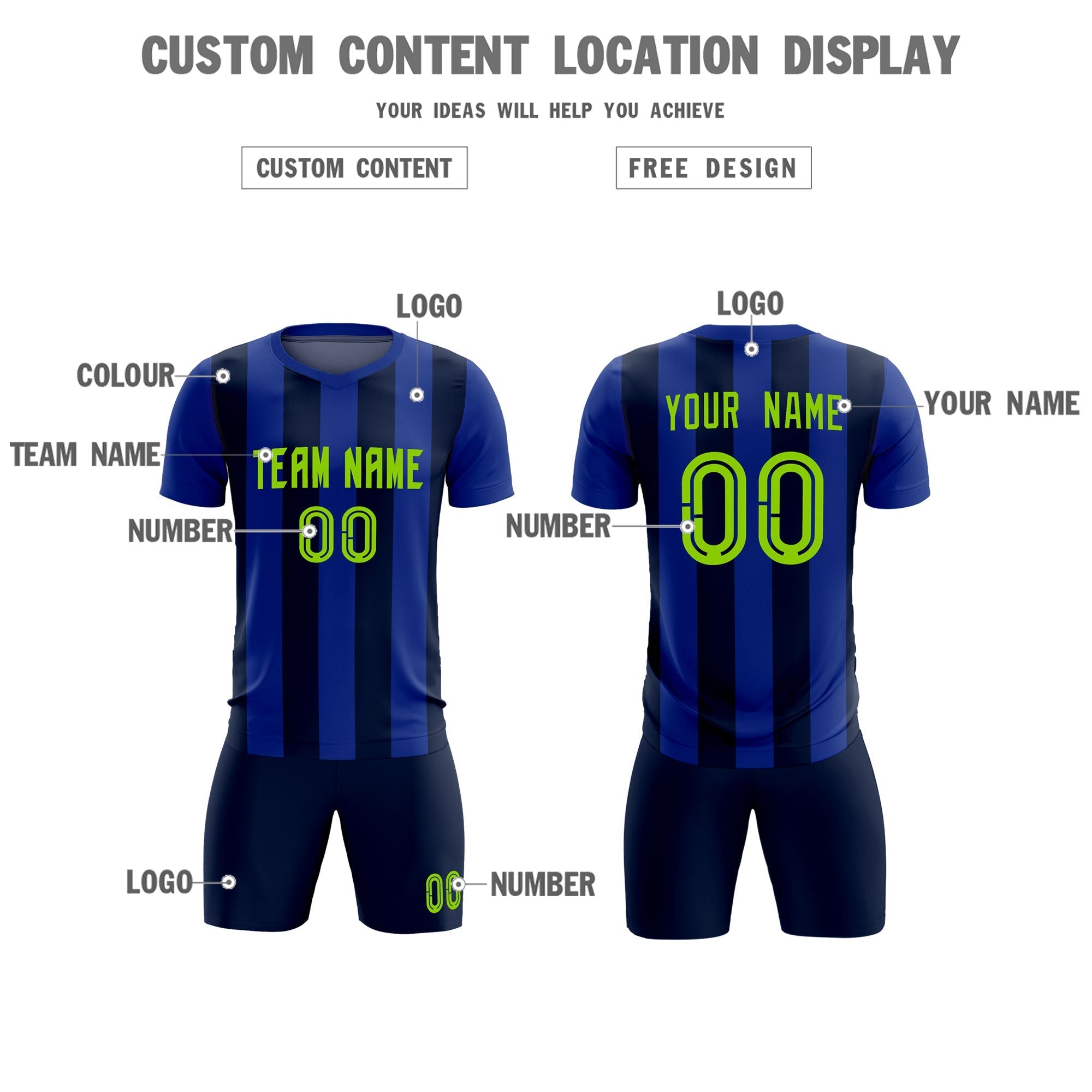 Custom Royal Navy Vertical Stripes Casual Outdoor Soccer Sets Jersey
