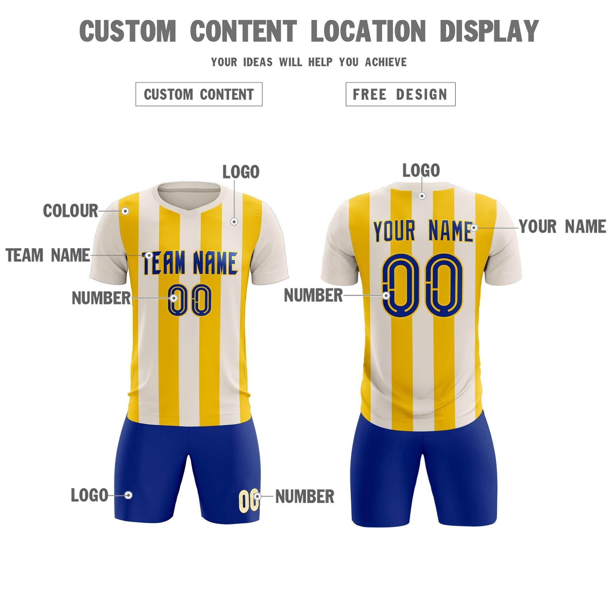 Custom Cream Gold Vertical Stripes Casual Outdoor Soccer Sets Jersey