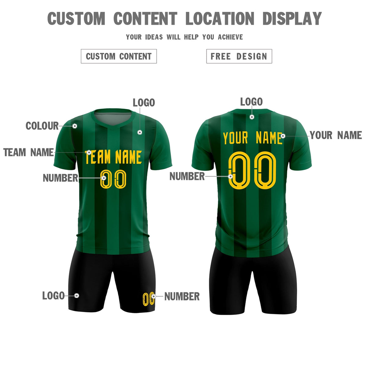 Custom Kelly Green Green Vertical Stripes Casual Outdoor Soccer Sets Jersey