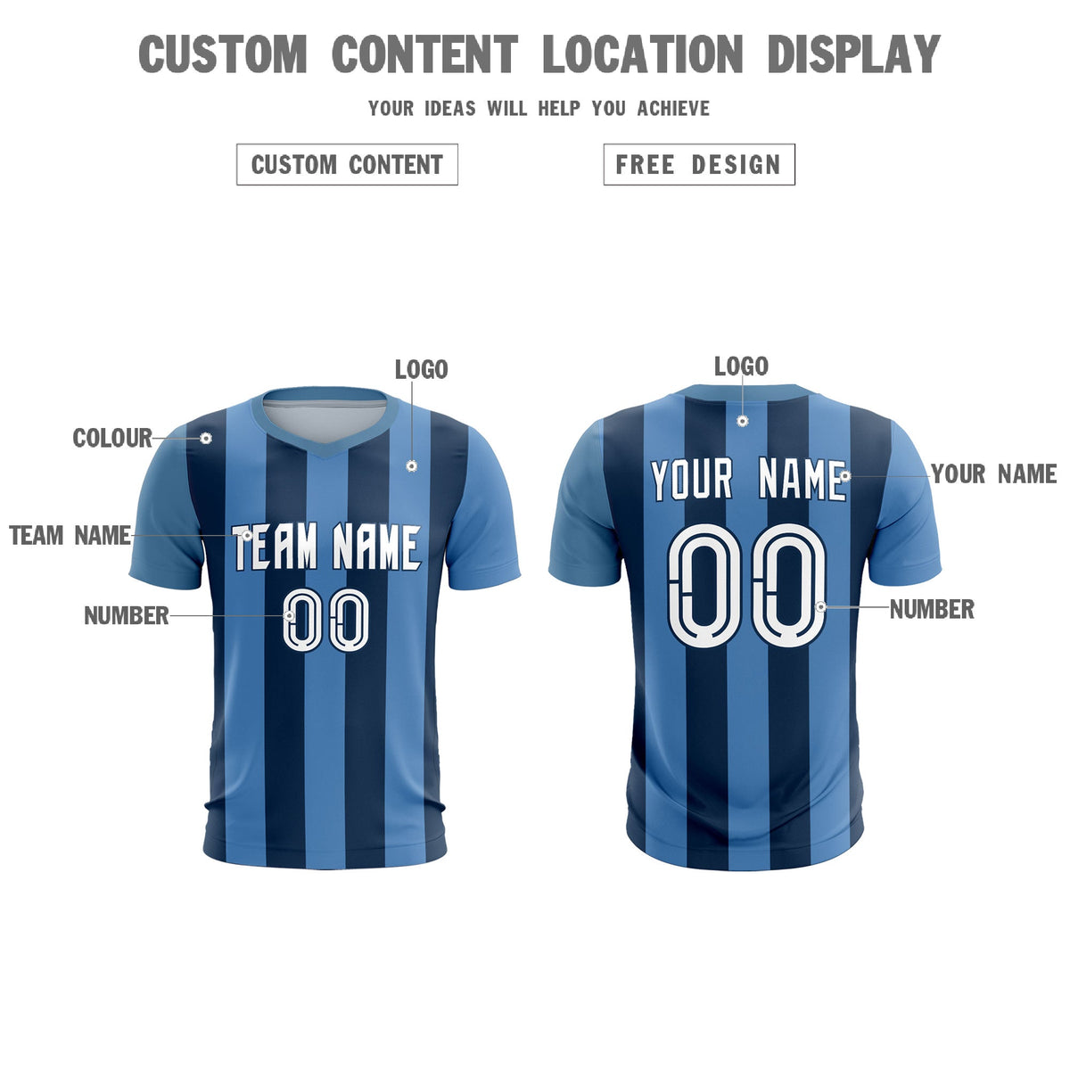 Custom Light Blue Midnight Blue Vertical Stripes Casual Outdoor Soccer Sets Jersey