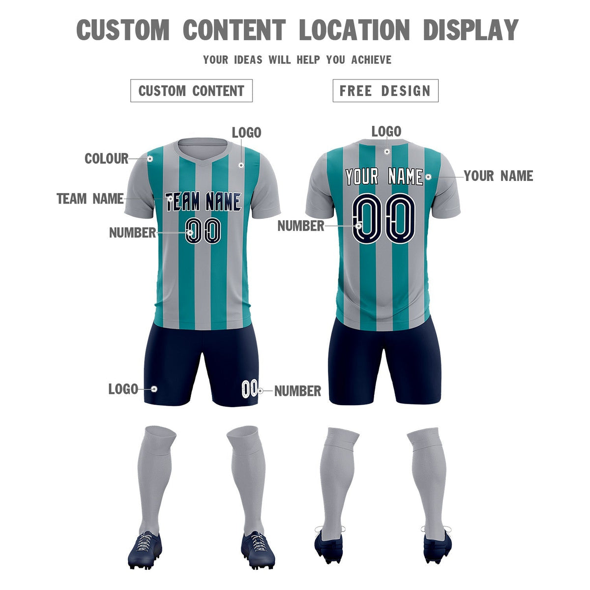 Custom Gray Aqua Vertical Stripes Casual Outdoor Soccer Sets Jersey