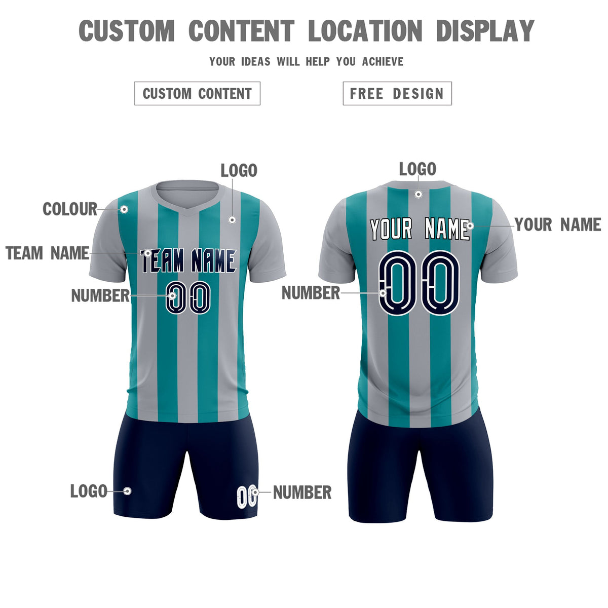 Custom Gray Aqua Vertical Stripes Casual Outdoor Soccer Sets Jersey