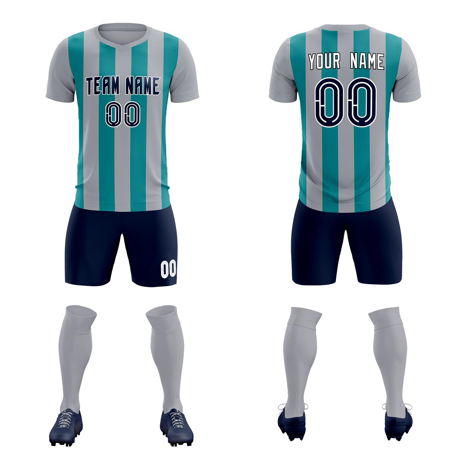 Custom Gray Aqua Vertical Stripes Casual Outdoor Soccer Sets Jersey