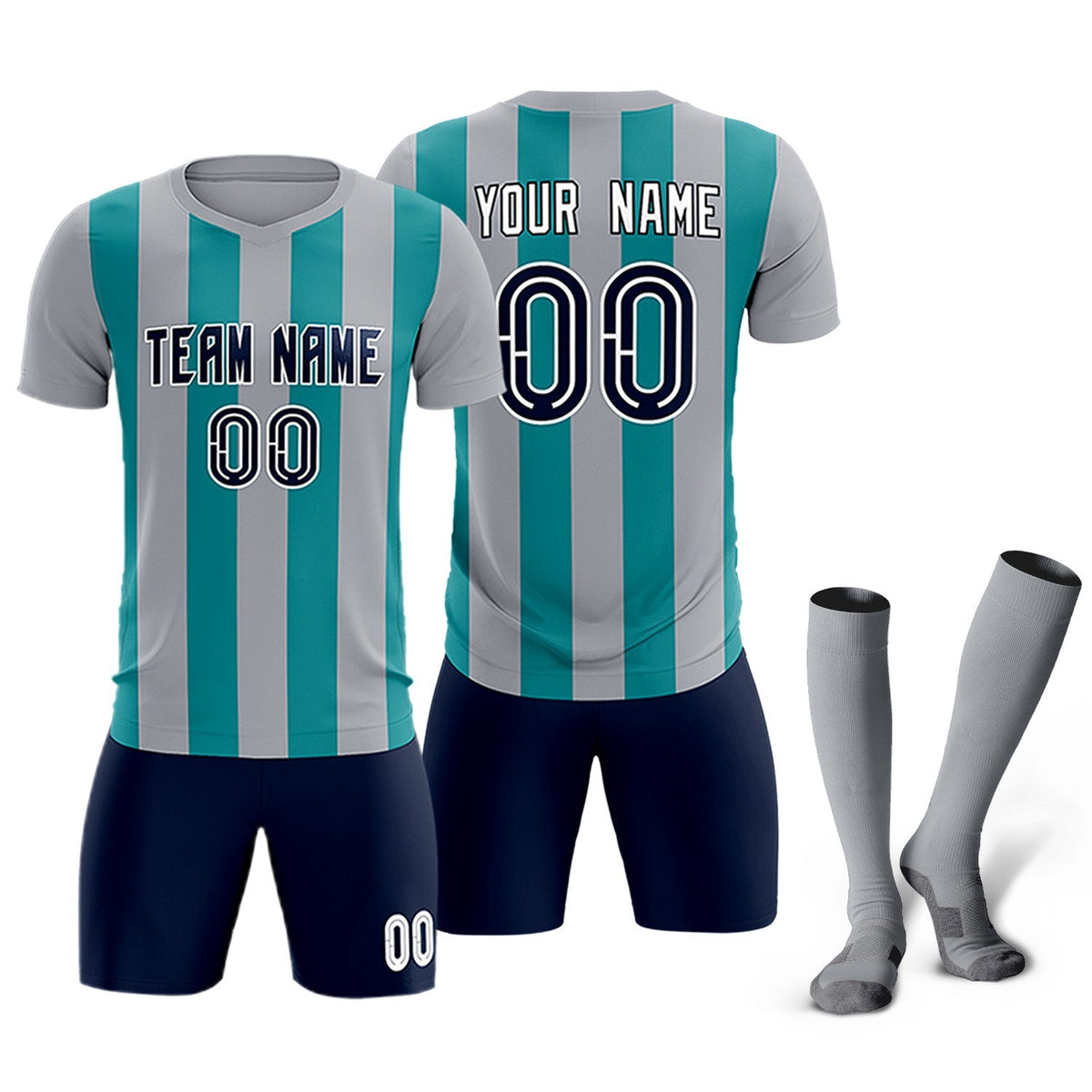 Custom Gray Aqua Vertical Stripes Casual Outdoor Soccer Sets Jersey