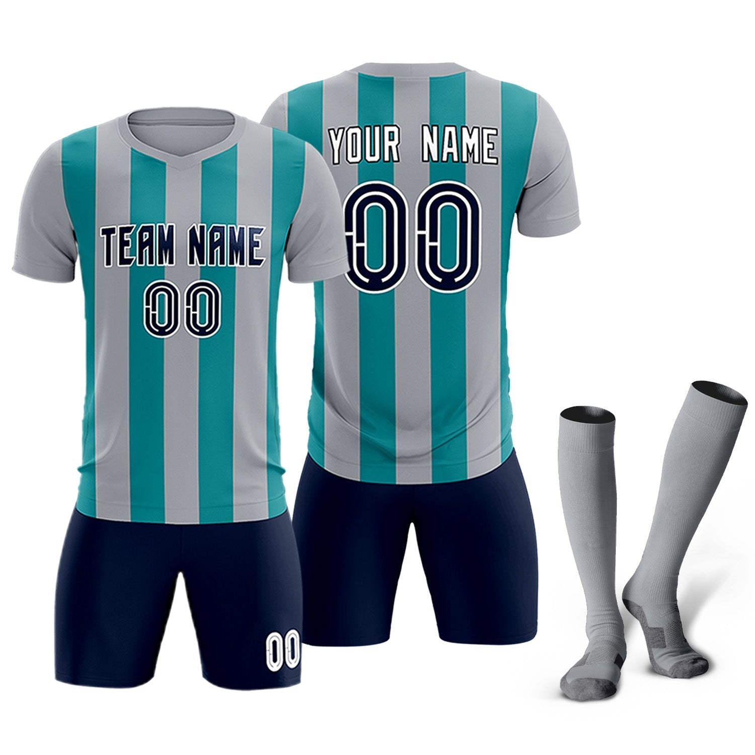 Custom Gray Aqua Vertical Stripes Casual Outdoor Soccer Sets Jersey