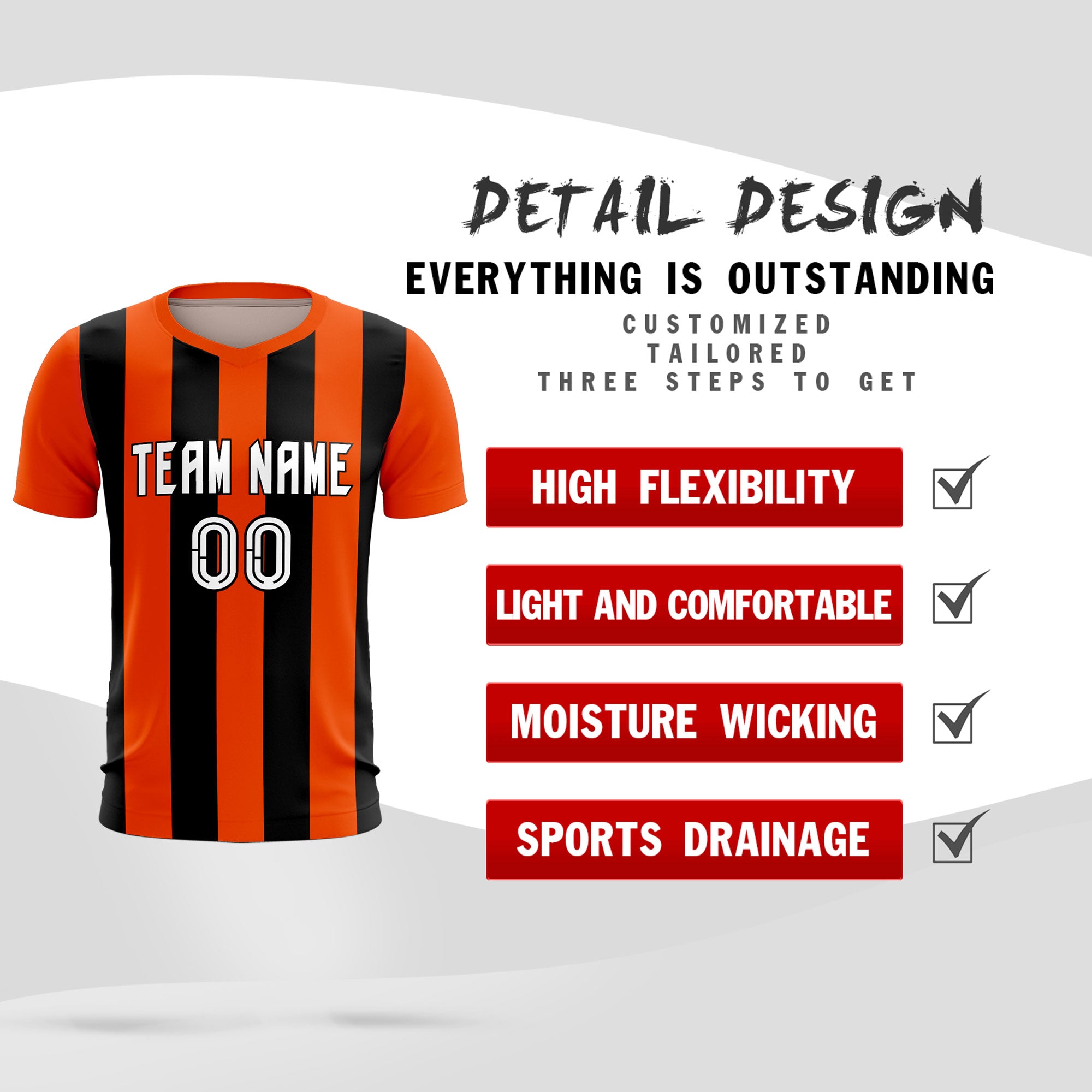 Custom Orange Black Vertical Stripes Casual Outdoor Soccer Sets Jersey