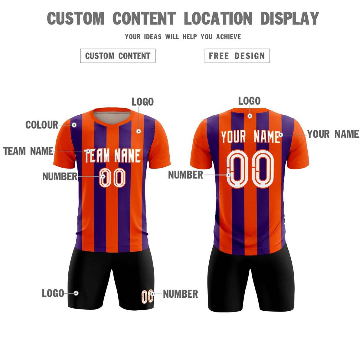 Custom Orange Purple Vertical Stripes Casual Outdoor Soccer Sets Jersey