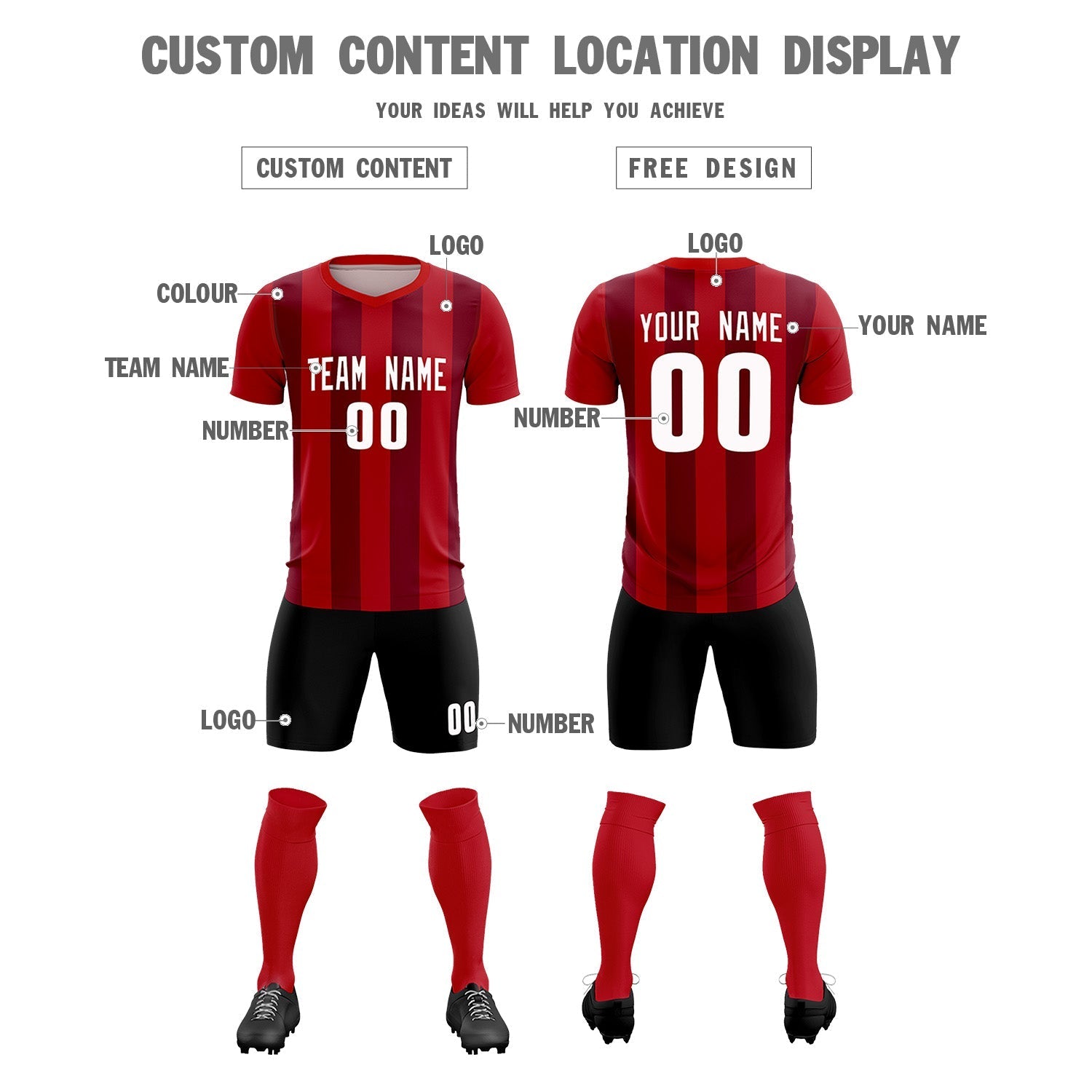 Custom Red Crimson Vertical Stripes Casual Outdoor Soccer Sets Jersey