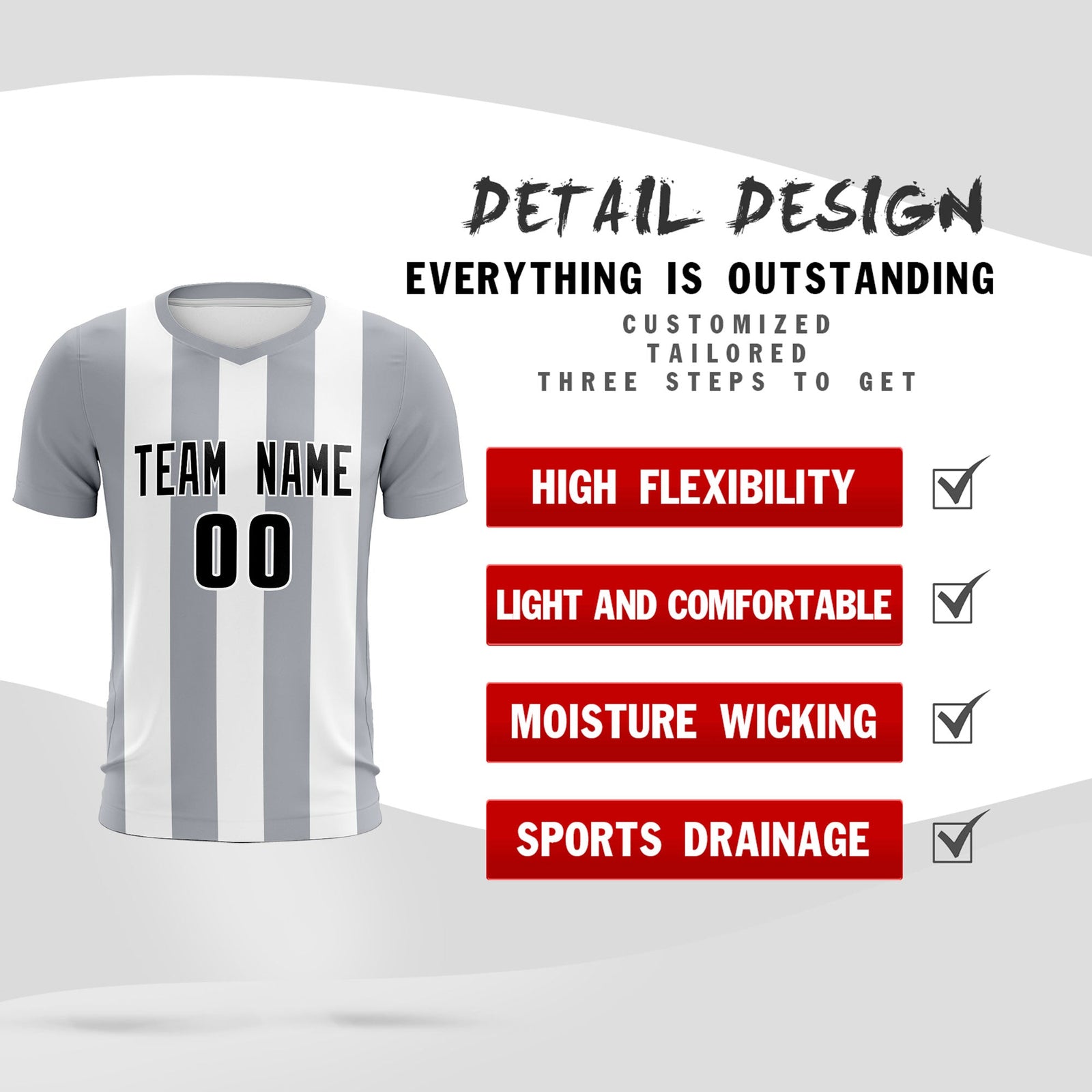 Custom White Gray Vertical Stripes Casual Outdoor Soccer Sets Jersey