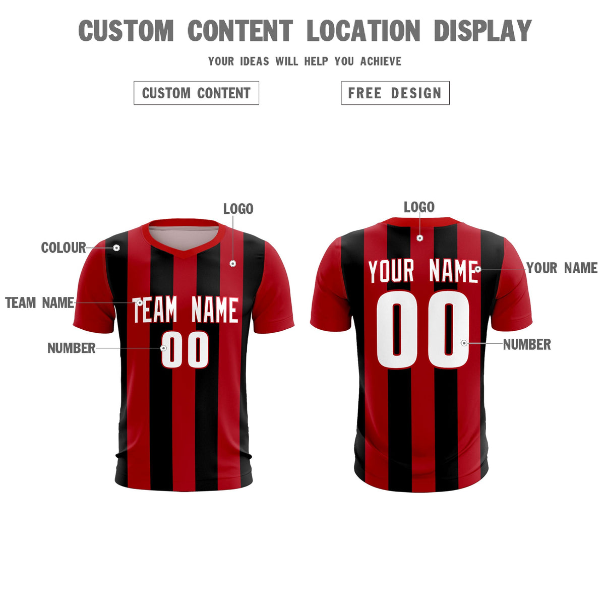 Custom Red Black Vertical Stripes Casual Outdoor Soccer Sets Jersey