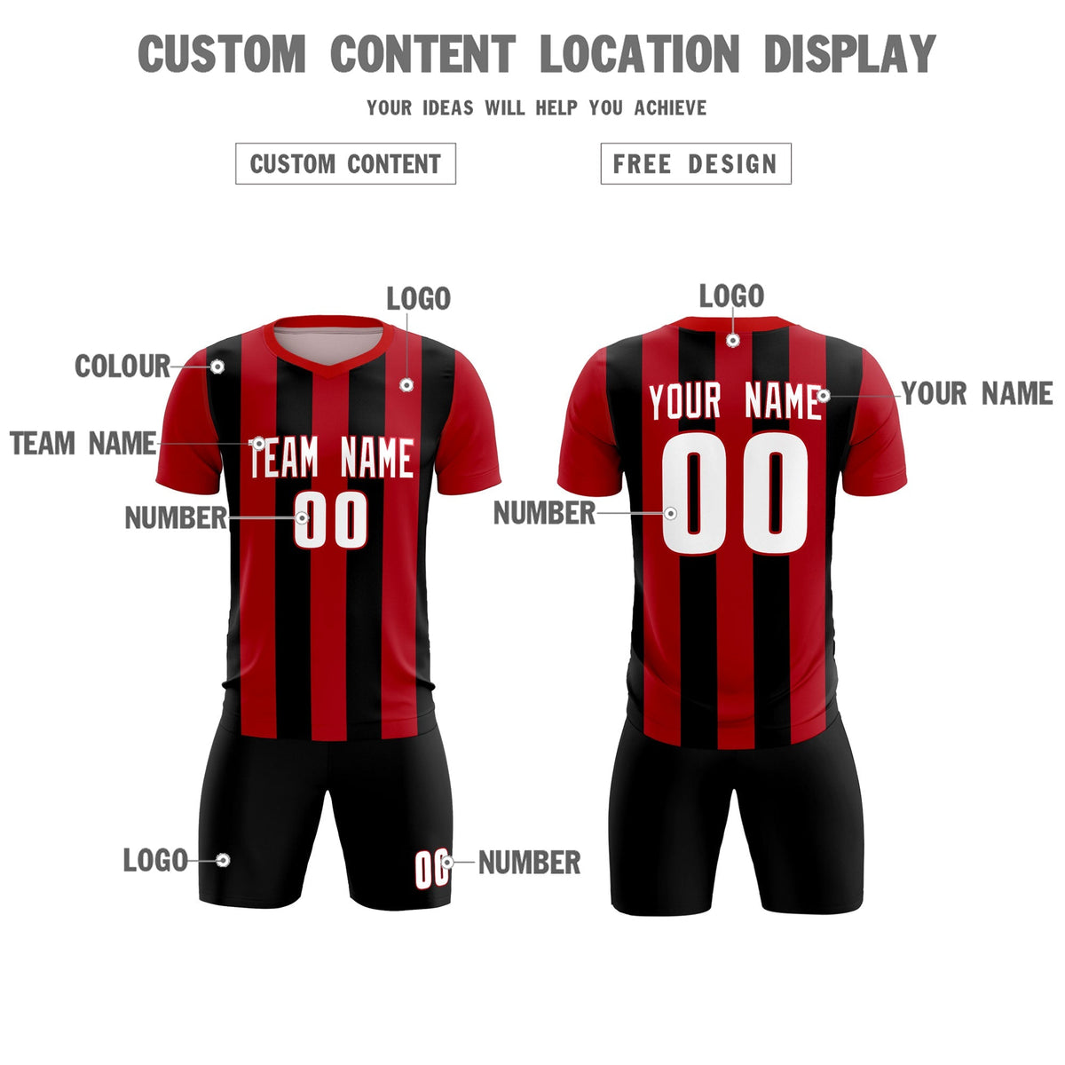 Custom Red Black Vertical Stripes Casual Outdoor Soccer Sets Jersey