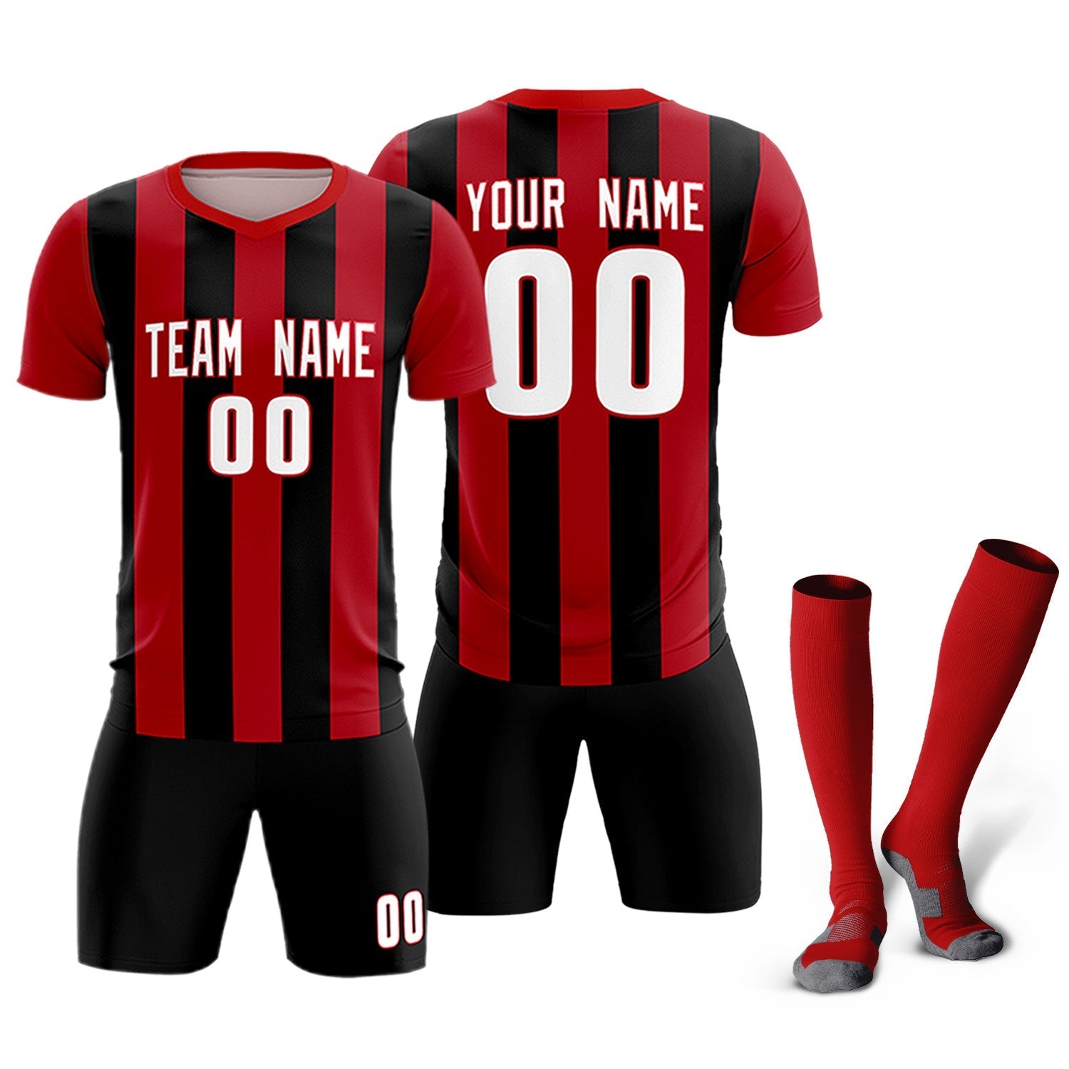 Custom Red Black Vertical Stripes Casual Outdoor Soccer Sets Jersey