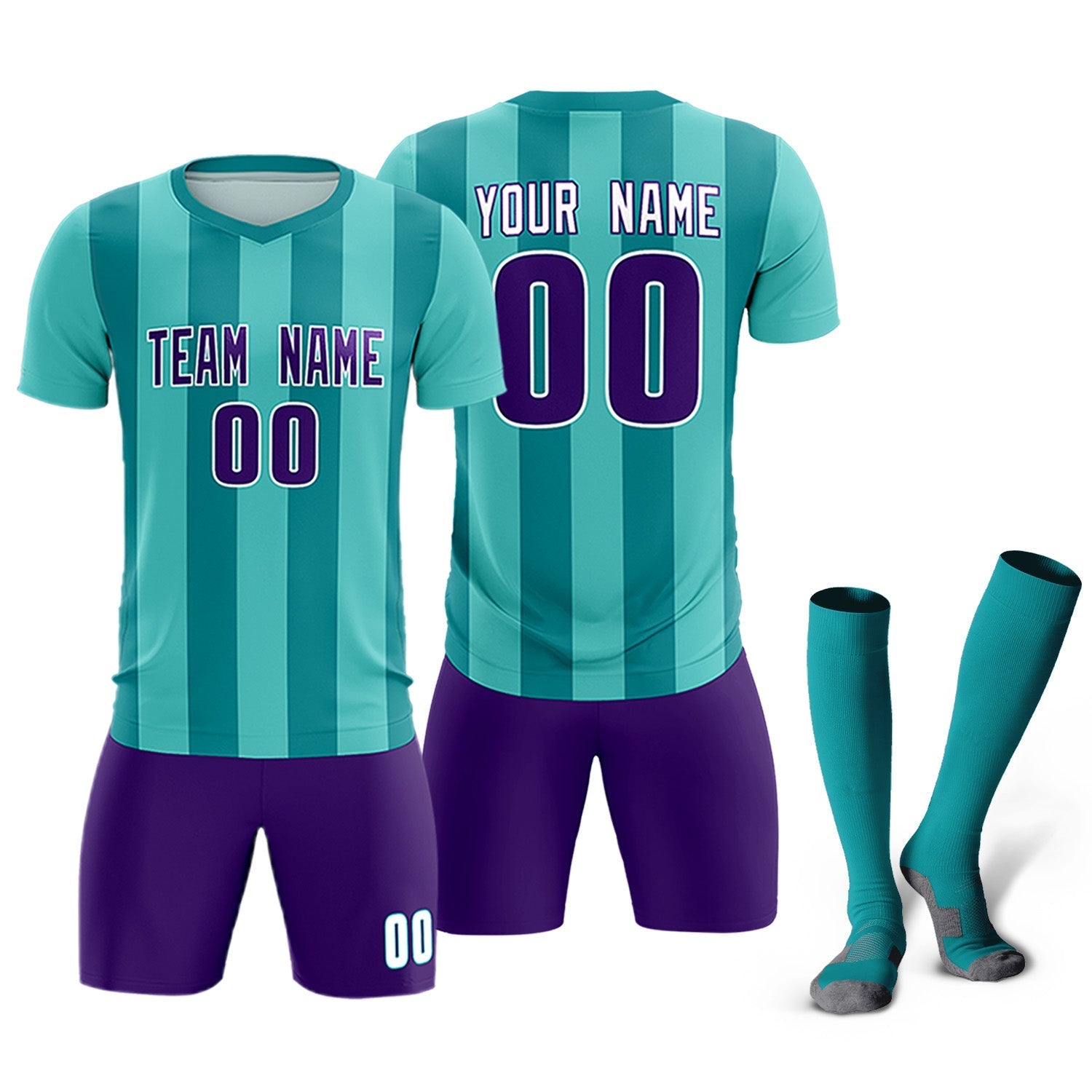 Custom Bright Green Aqua Vertical Stripes Casual Outdoor Soccer Sets Jersey