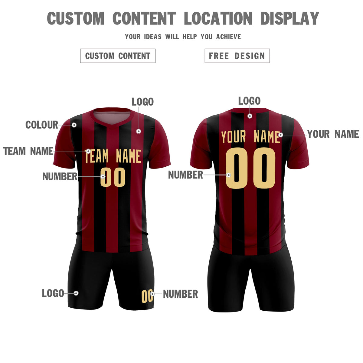 Custom Crimson Black Vertical Stripes Casual Outdoor Soccer Sets Jersey
