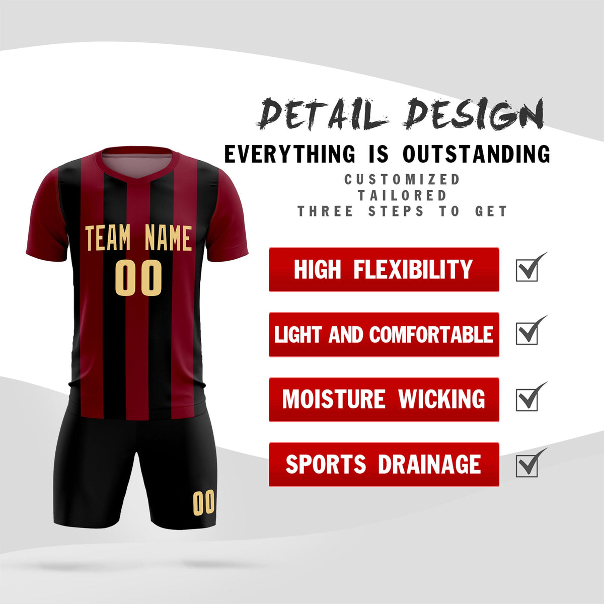 Custom Crimson Black Vertical Stripes Casual Outdoor Soccer Sets Jersey
