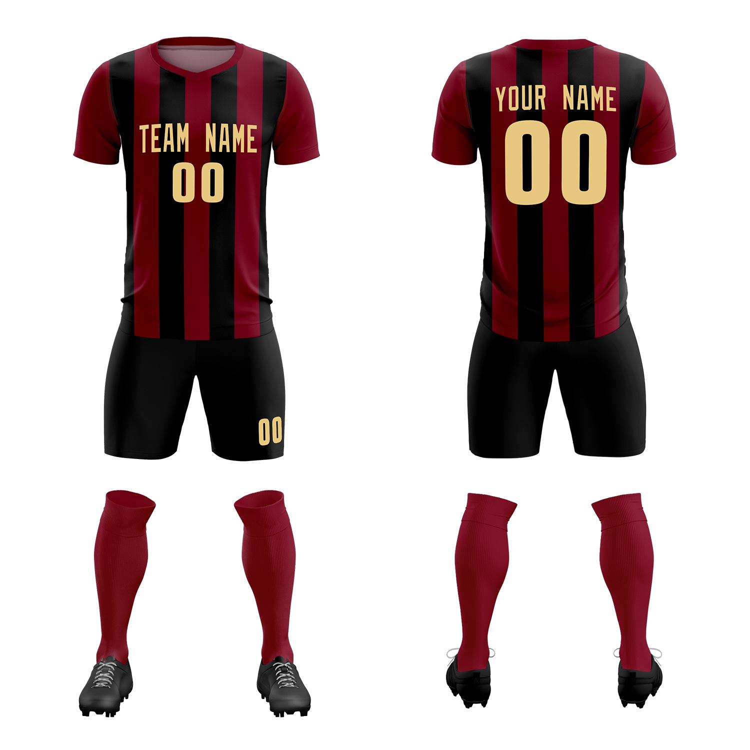 Custom Crimson Black Vertical Stripes Casual Outdoor Soccer Sets Jersey