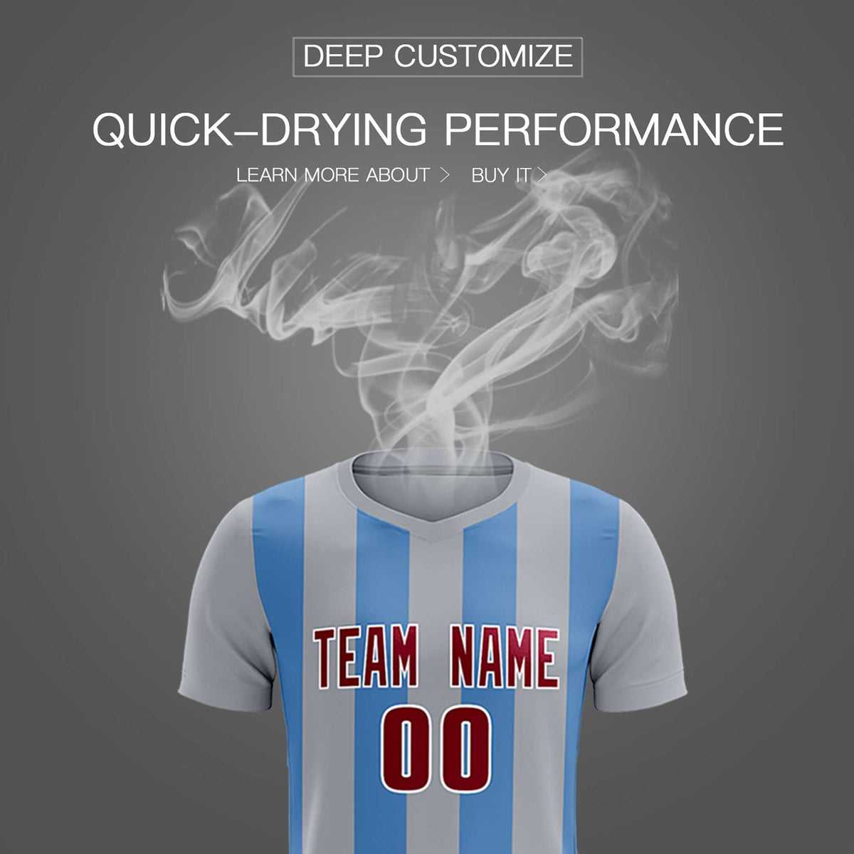 Custom Gray Light Blue Vertical Stripes Casual Outdoor Soccer Sets Jersey