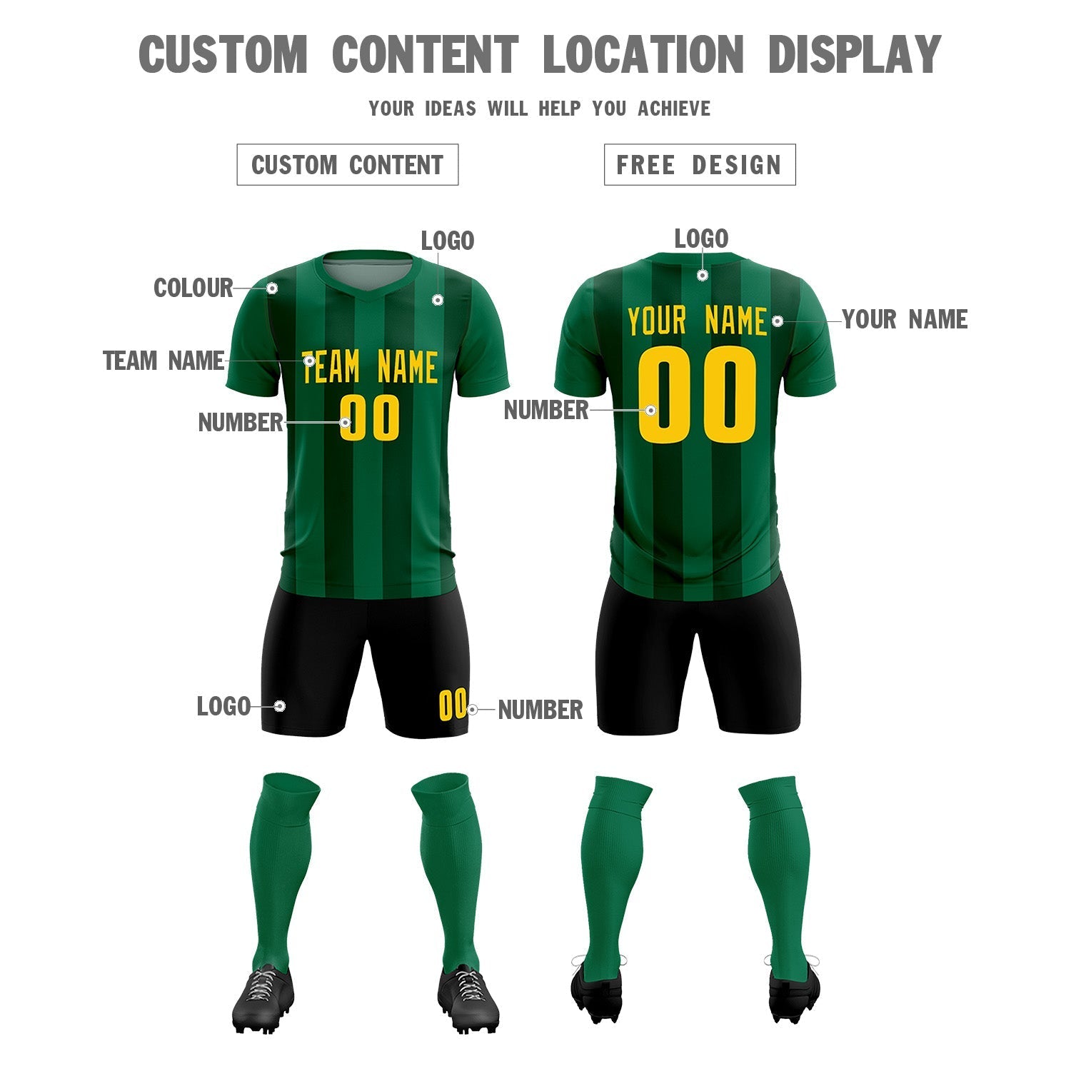Custom Kelly Green Green Vertical Stripes Casual Outdoor Soccer Sets Jersey
