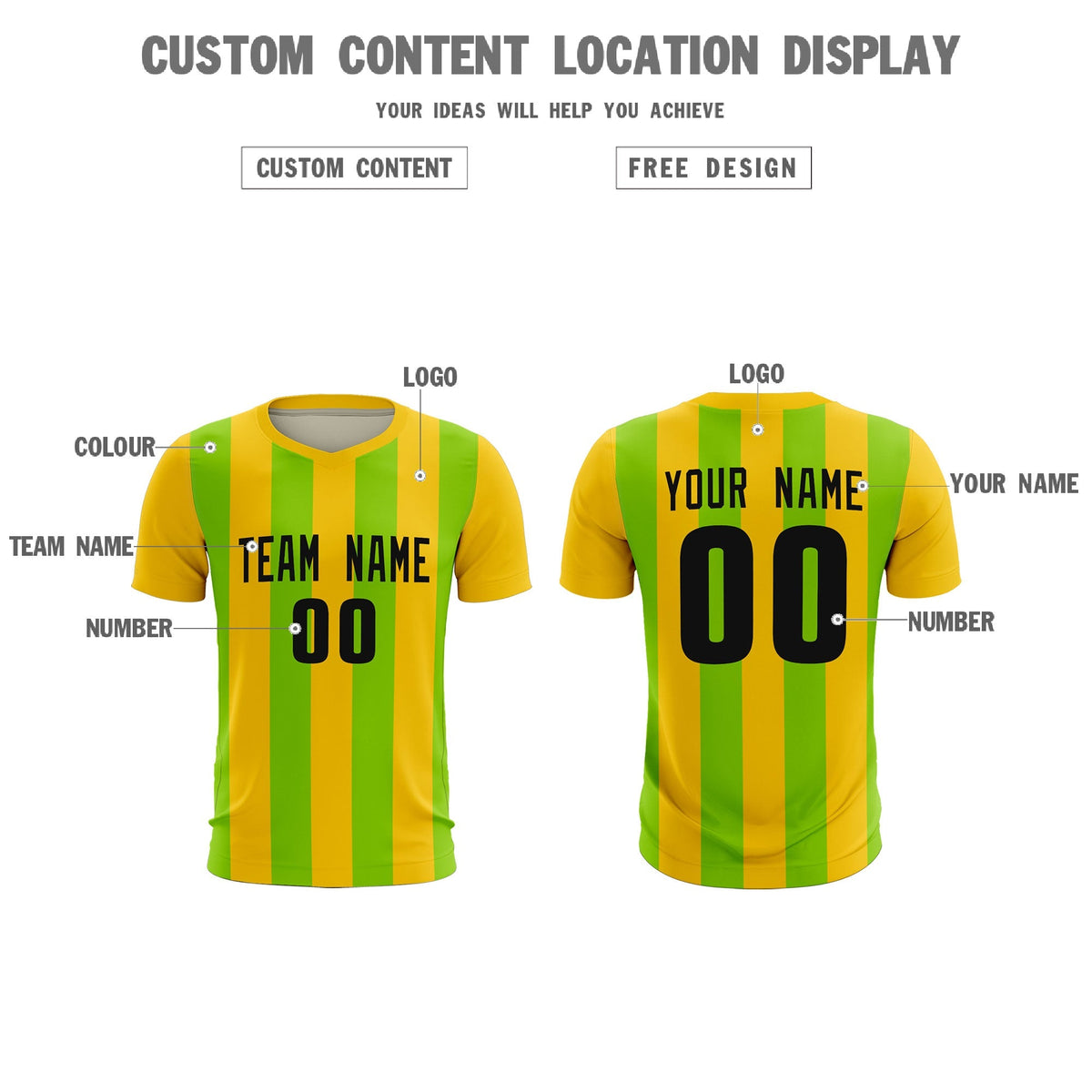 Custom Gold Neon Green Vertical Stripes Casual Outdoor Soccer Sets Jersey