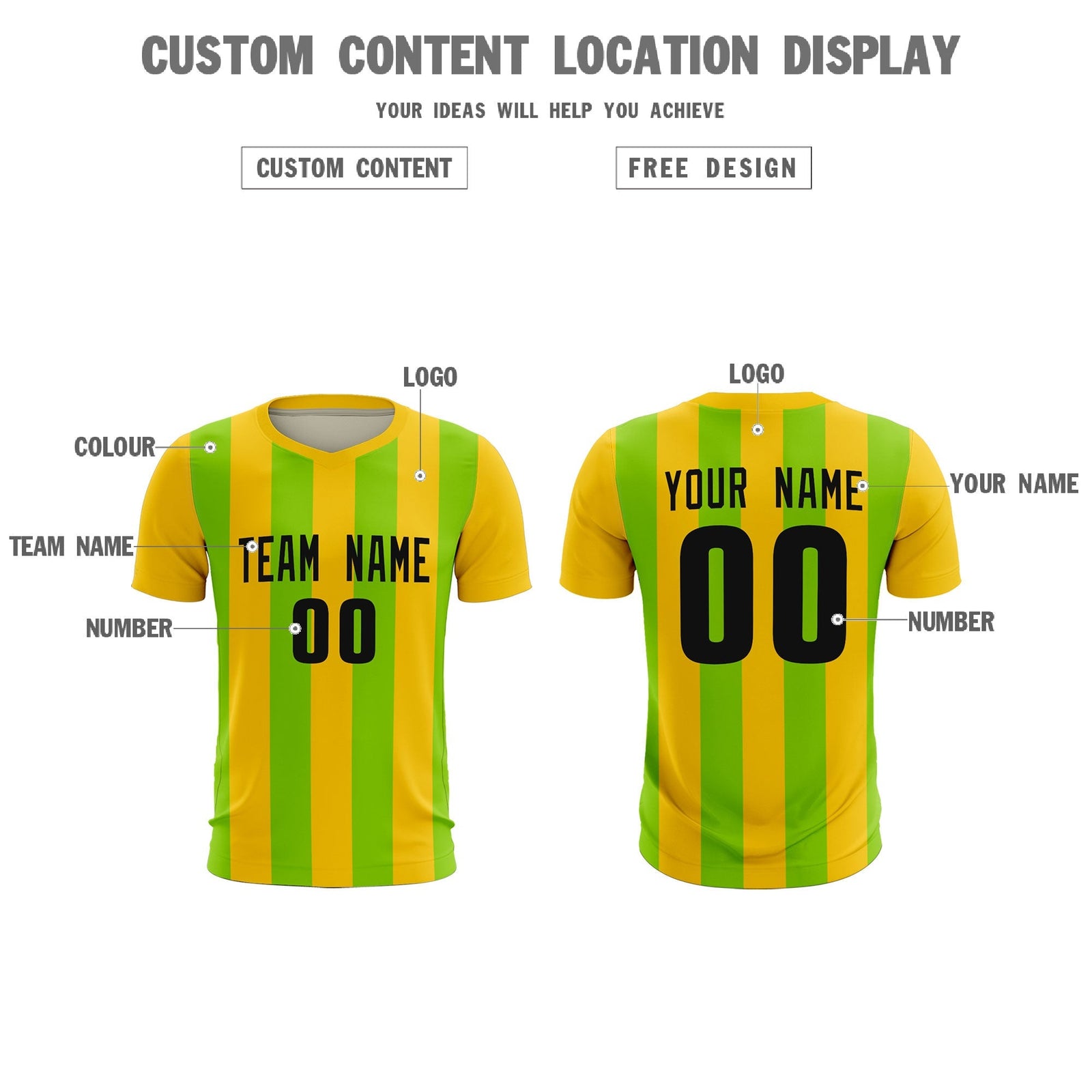 Custom Gold Neon Green Vertical Stripes Casual Outdoor Soccer Sets Jersey