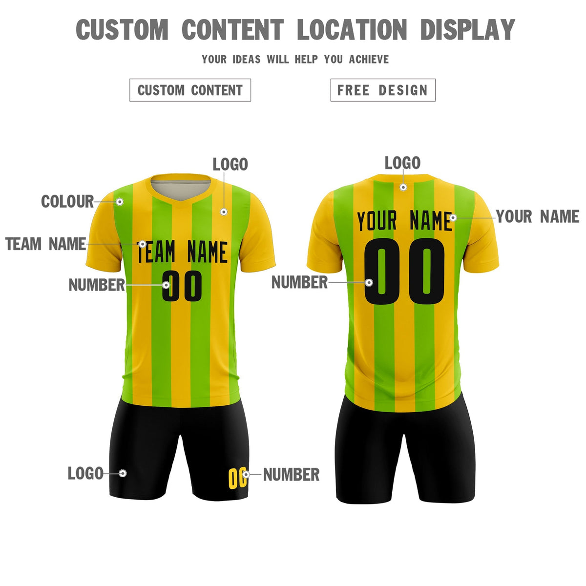 Custom Gold Neon Green Vertical Stripes Casual Outdoor Soccer Sets Jersey