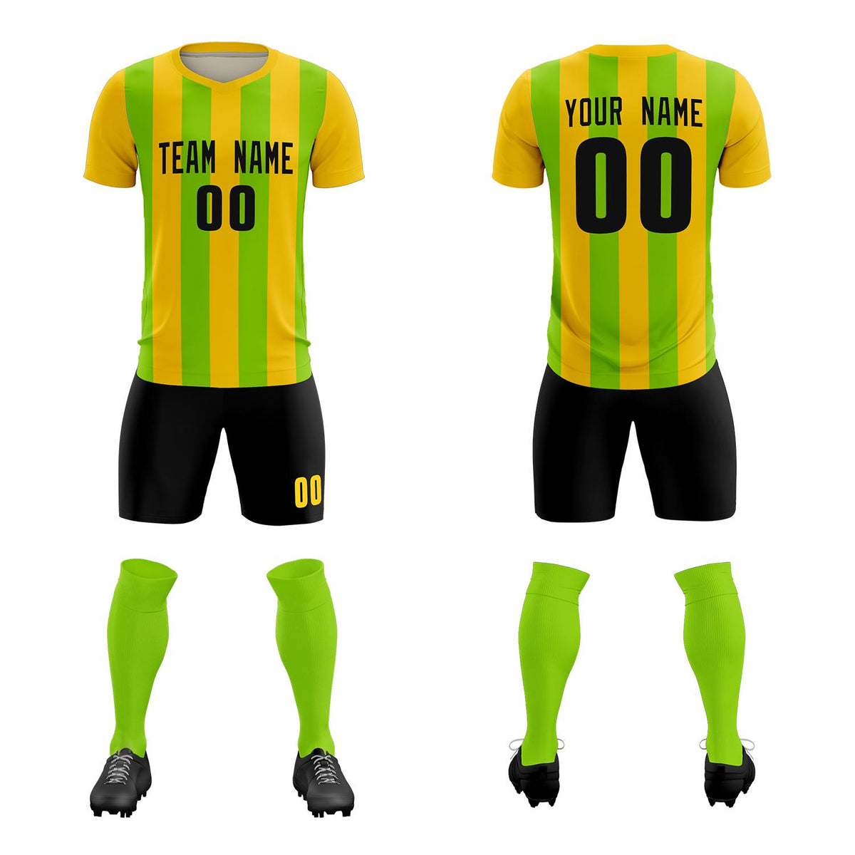 Custom Gold Neon Green Vertical Stripes Casual Outdoor Soccer Sets Jersey