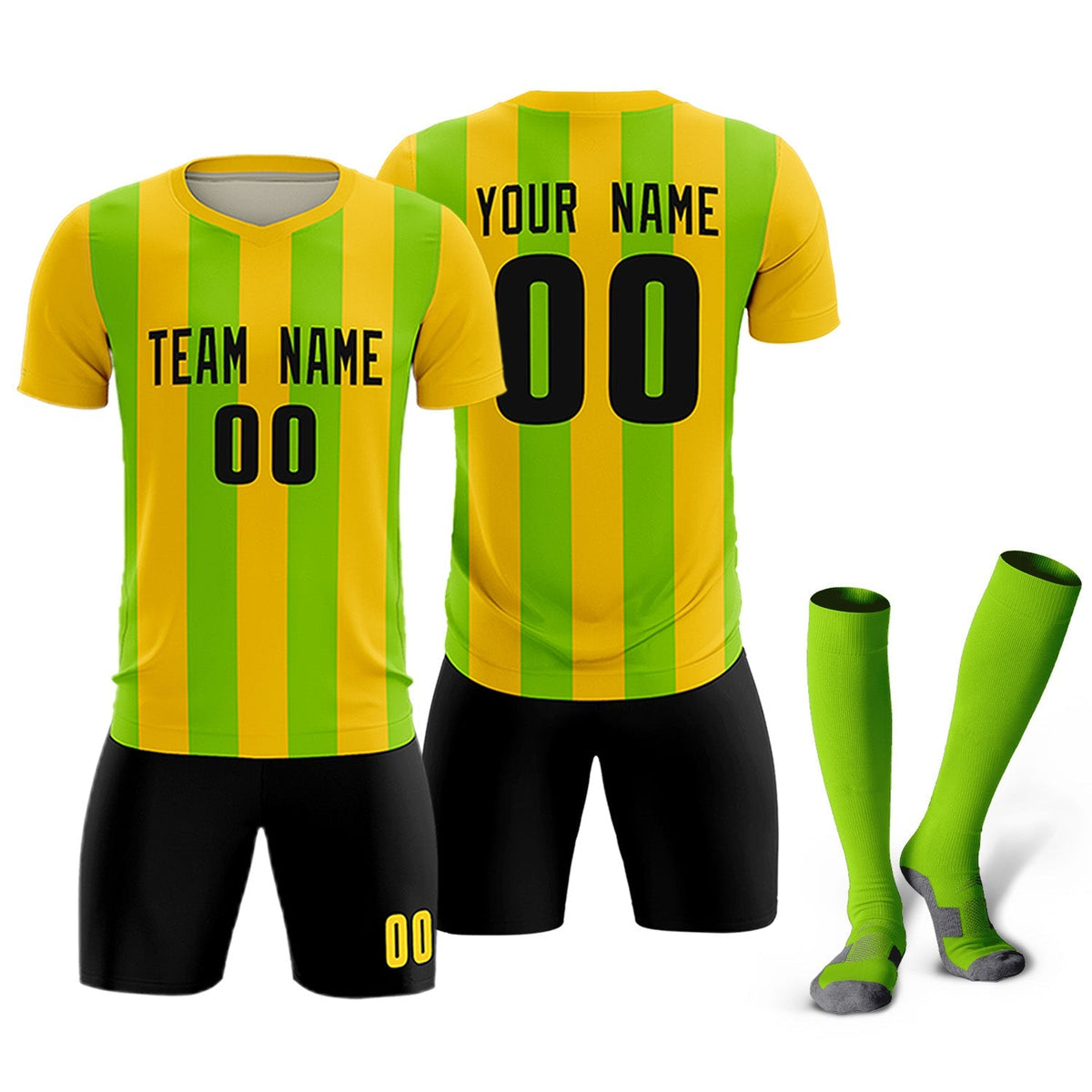 Custom Gold Neon Green Vertical Stripes Casual Outdoor Soccer Sets Jersey