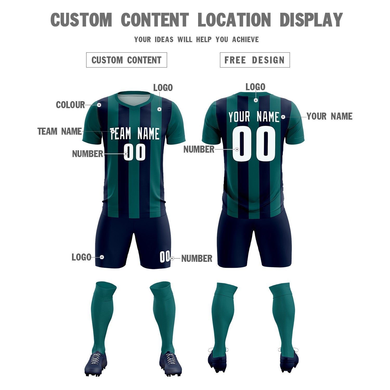 Custom Aqua Navy Vertical Stripes Casual Outdoor Soccer Sets Jersey