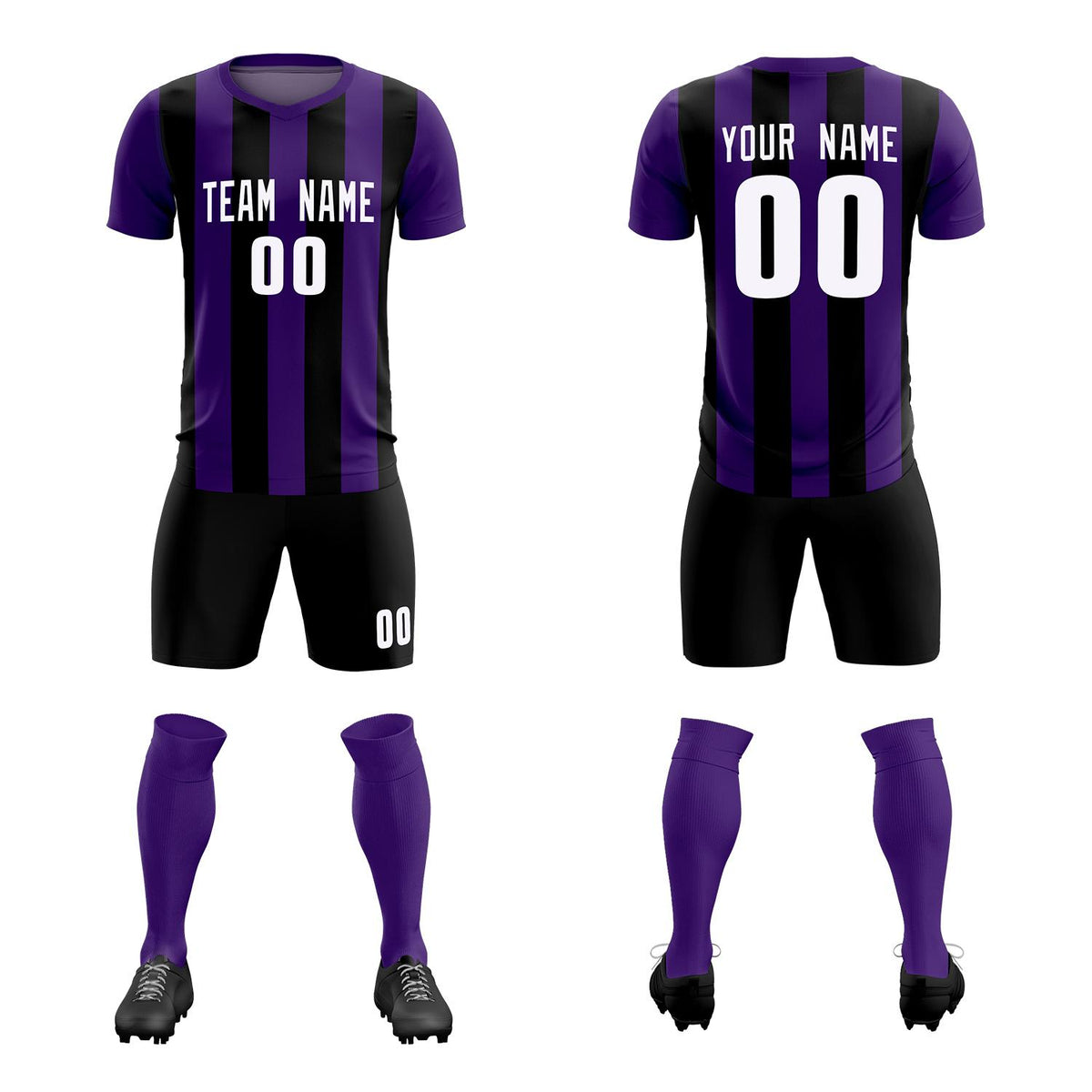Custom Purple Black Vertical Stripes Casual Outdoor Soccer Sets Jersey