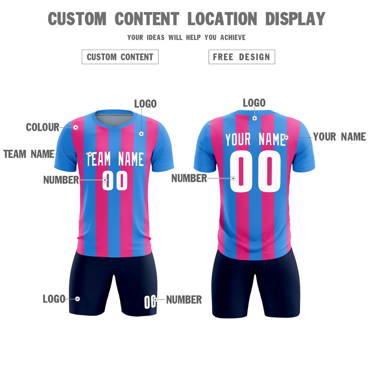 Custom Powder Blue Pink Vertical Stripes Casual Outdoor Soccer Sets Jersey