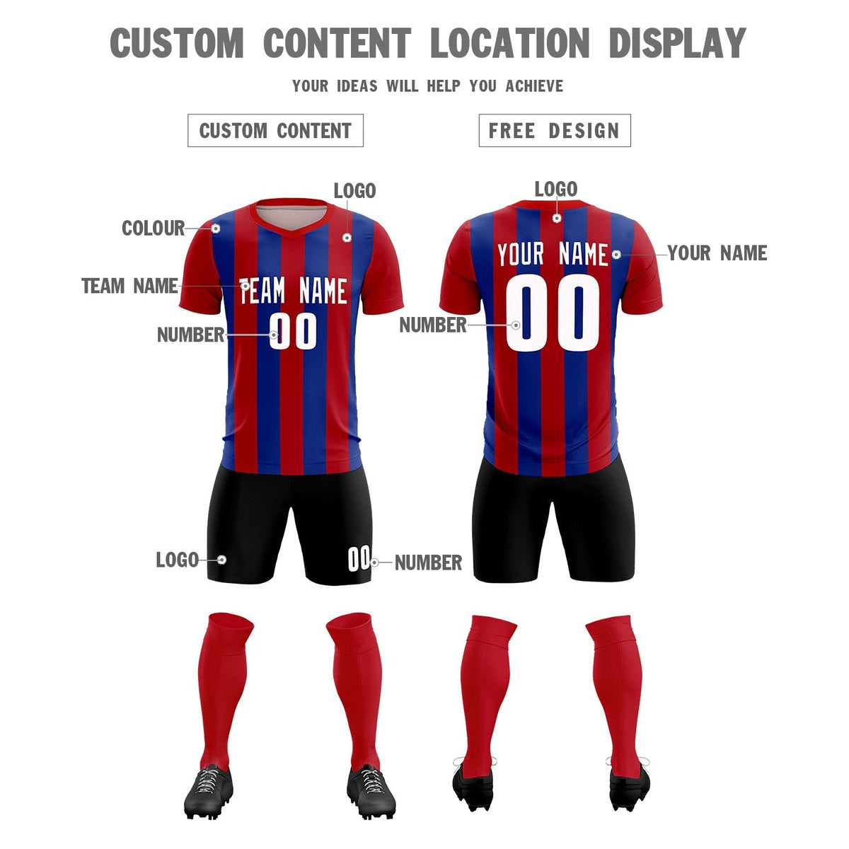 Custom Red Royal Vertical Stripes Casual Outdoor Soccer Sets Jersey