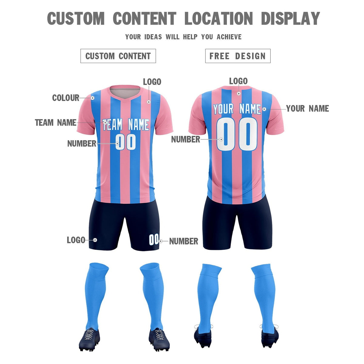 Custom Light Pink Powder Blue Vertical Stripes Casual Outdoor Soccer Sets Jersey