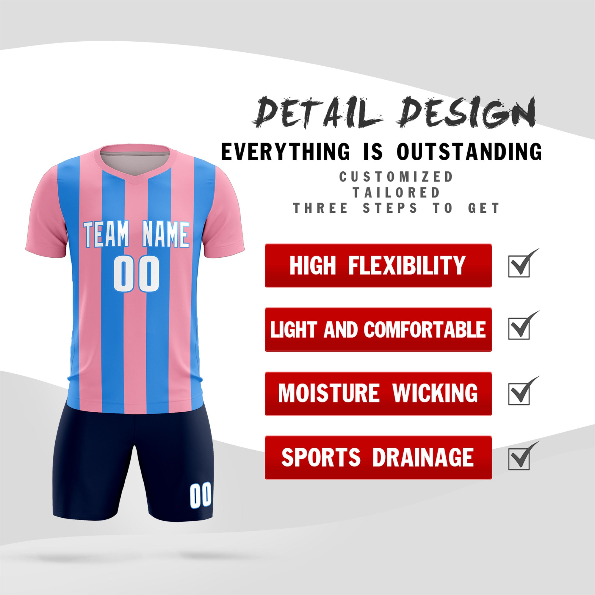 Custom Light Pink Powder Blue Vertical Stripes Casual Outdoor Soccer Sets Jersey