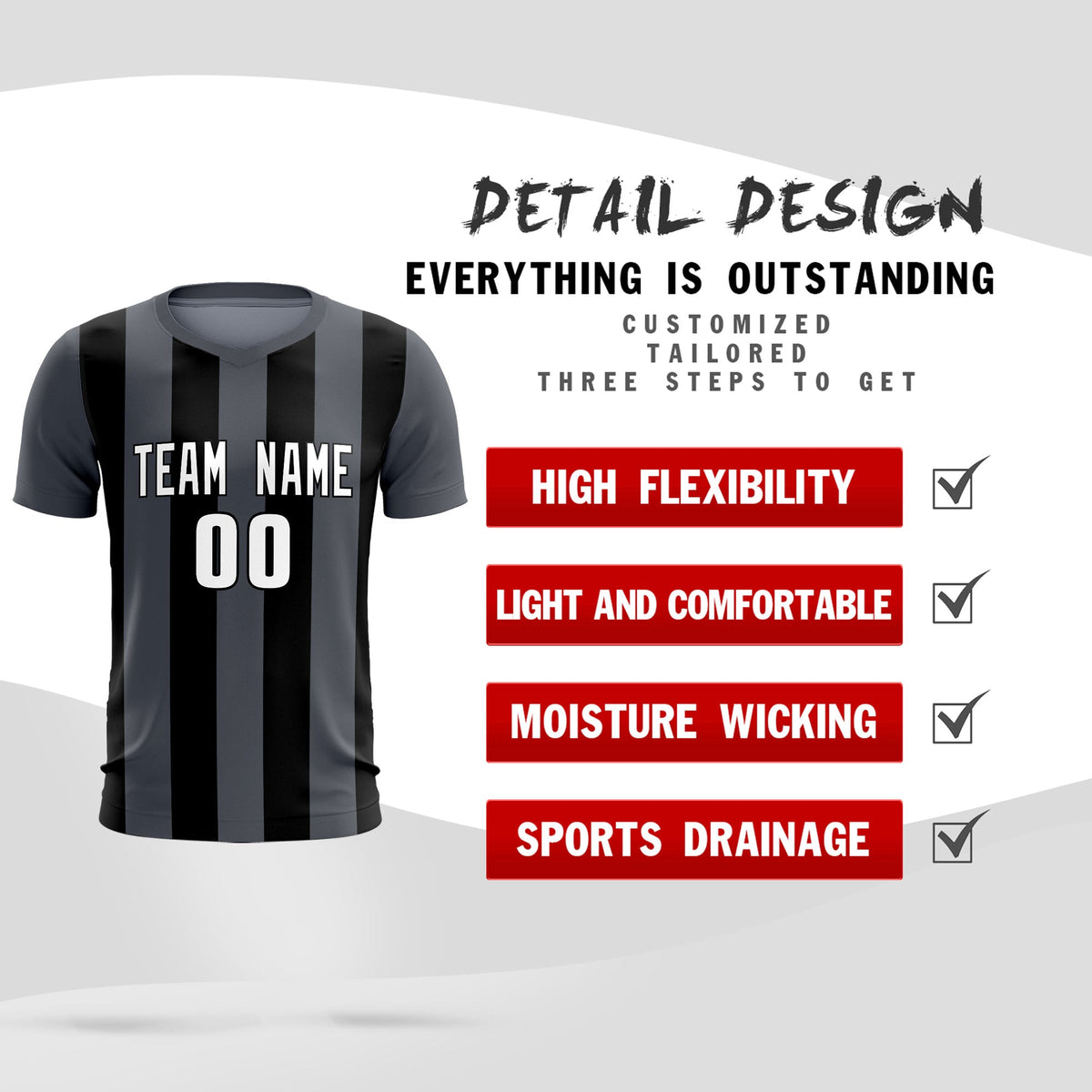 Custom Dark Gray Black Vertical Stripes Casual Outdoor Soccer Sets Jersey