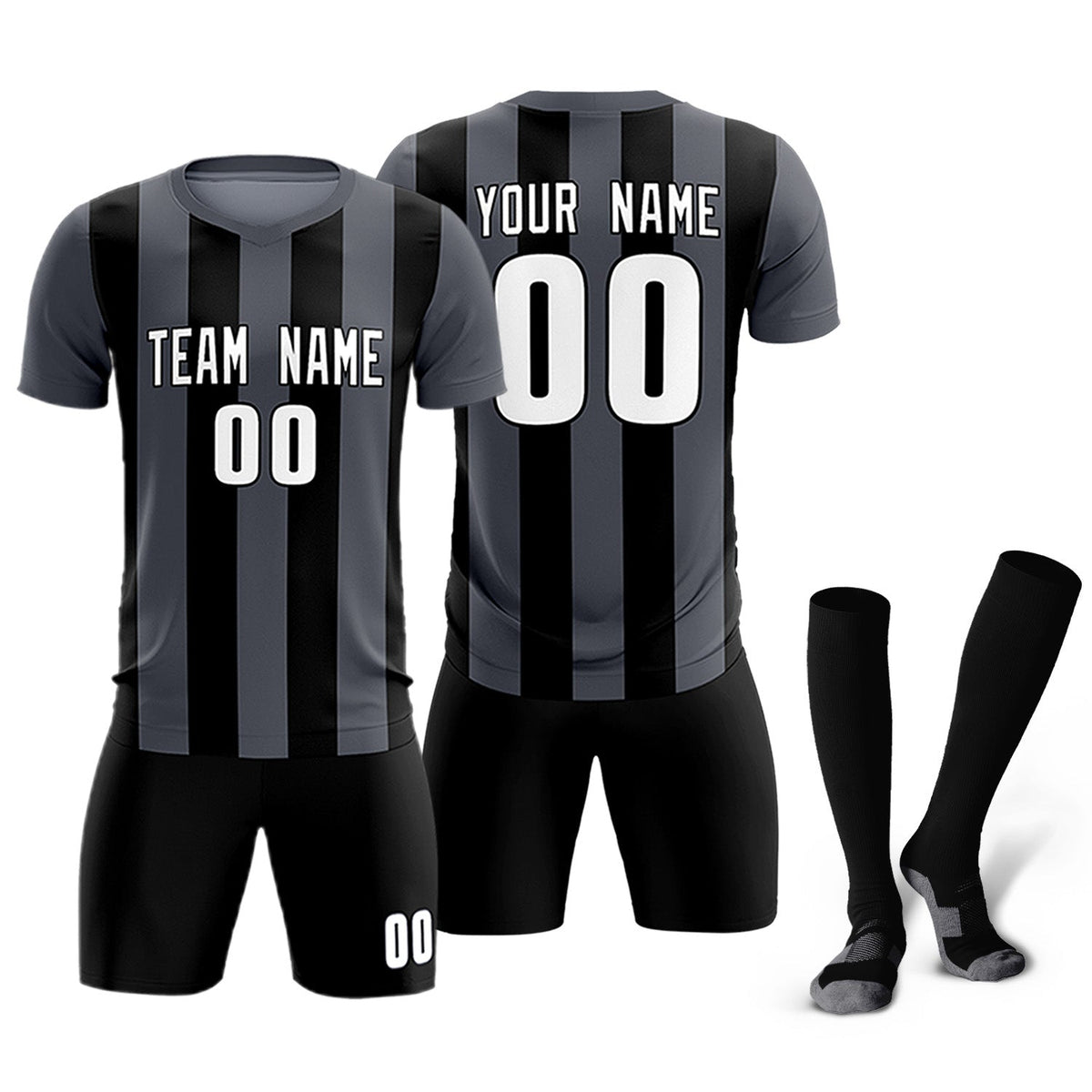 Custom Dark Gray Black Vertical Stripes Casual Outdoor Soccer Sets Jersey