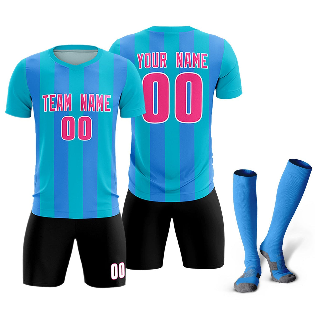Custom Sky Blue Powder Blue Vertical Stripes Casual Outdoor Soccer Sets Jersey